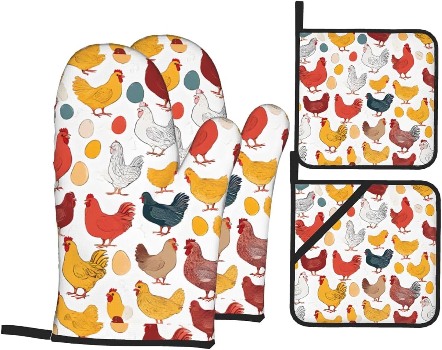(Chicken Pattern) Baking 4-Piece Set: 2 Oven Mitts and 2 Pot Holders Heat Resistant Waterproof Hanging Loop for Kitchen Oven Grill Housewarming Gifts