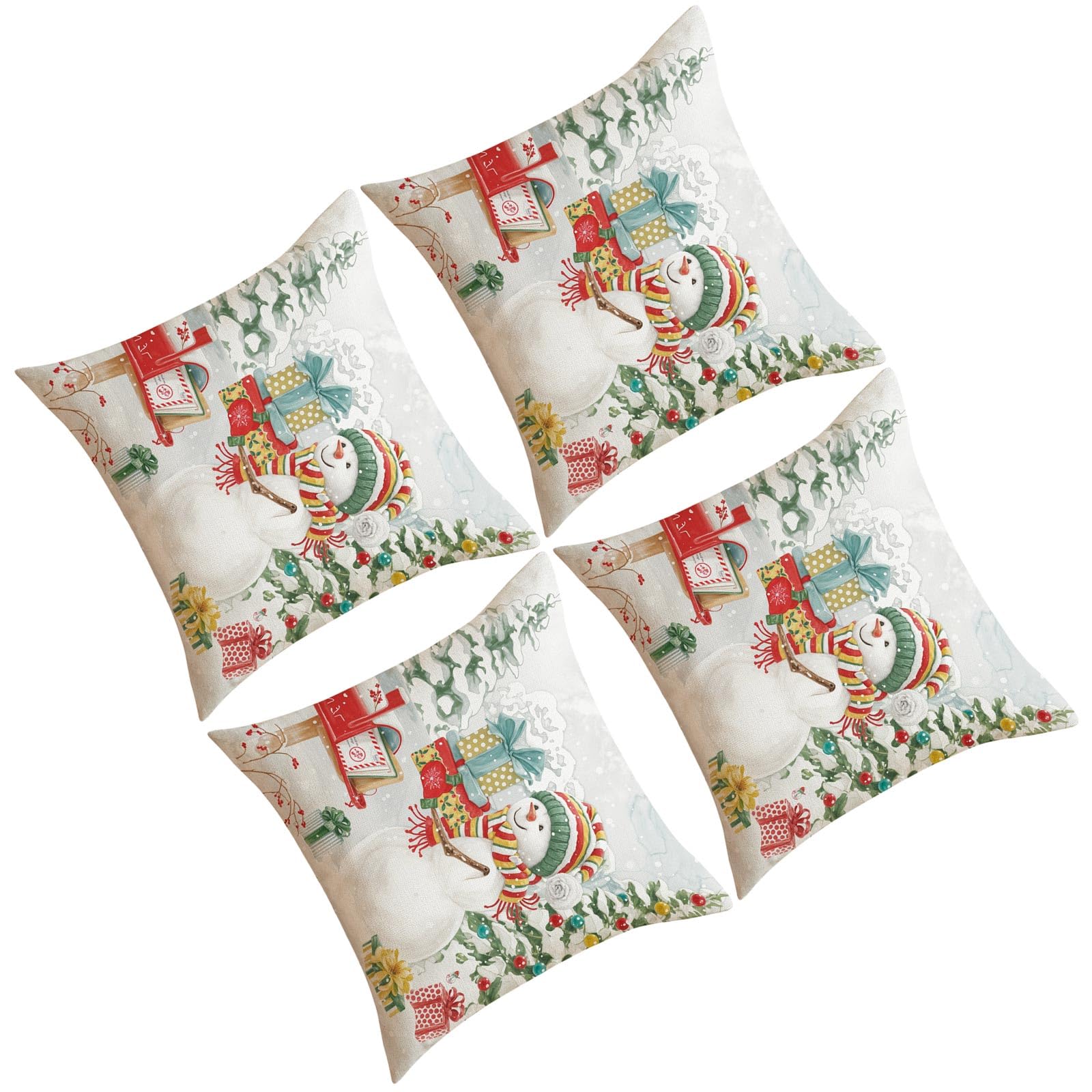 Jazuaiao 4PCA Linen Pillowcases with Snowman Print Cushion Covers 45X45cm Pillow Covers for Home and Use Square Pillowcase