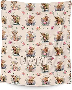 Mercuryelf Custom Highland Cow Throw Blanket - Soft, Fuzzy & Warm - 40x50 Inches Flannel Blankets for Travel, Office - Beige Cute Throws Gift for Kids