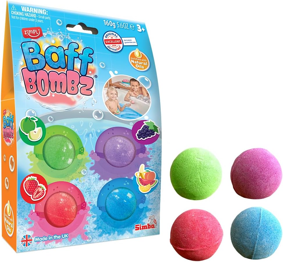 ZIMPLI - 4 x Baff Bombz, Create a Colourful, fizzing, bathtime Adventure, Children's Bath Bombs Gift Set, Kids Stocking Fillers, Organic, Natural