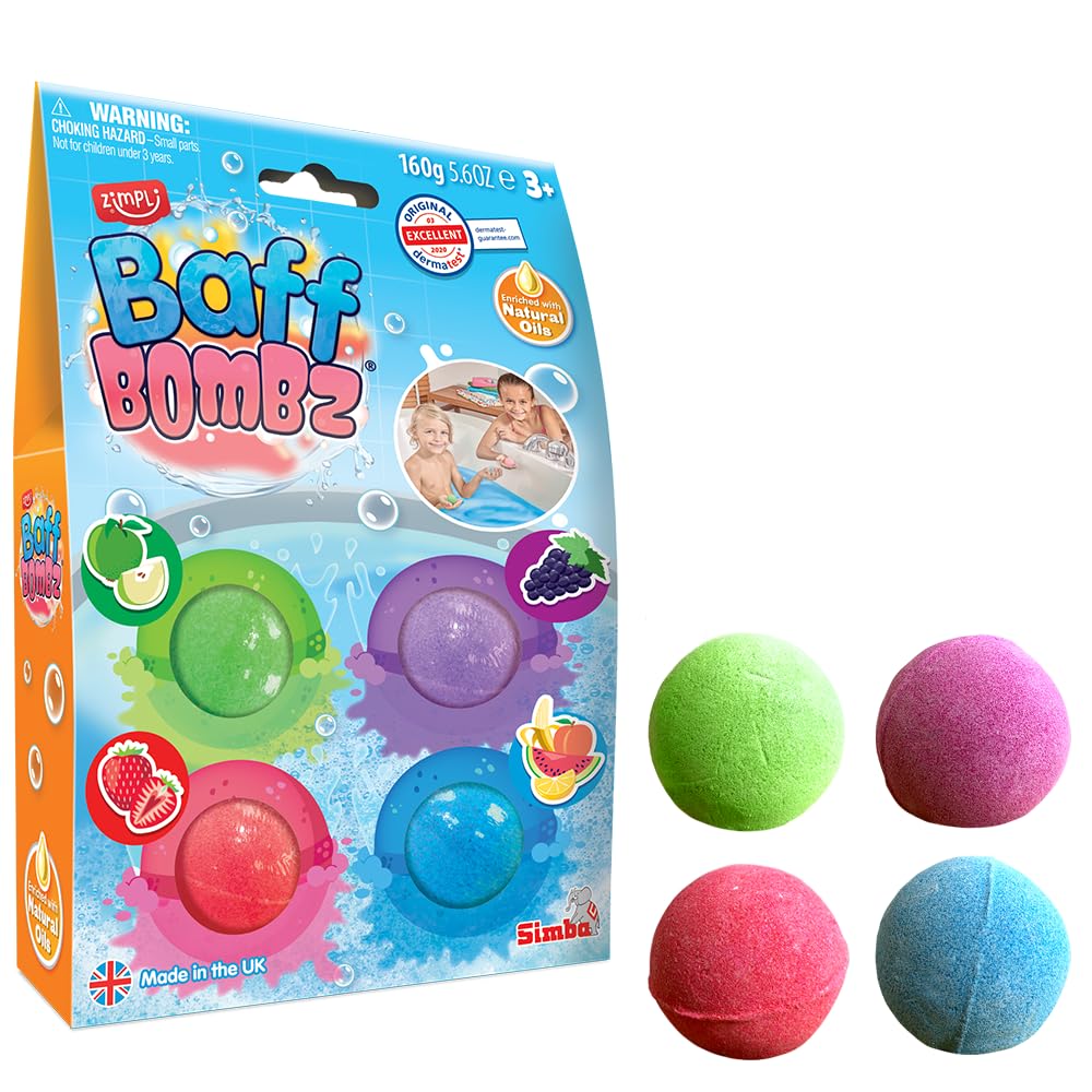 ZIMPLI - 4 x Baff Bombz, stwórz kolorową, musującą przygodę podczas kąpieli, zestaw prezentowy kul do kąpieli dla dzieci, świąteczne wypełniacze skarpety, organiczne i naturalne