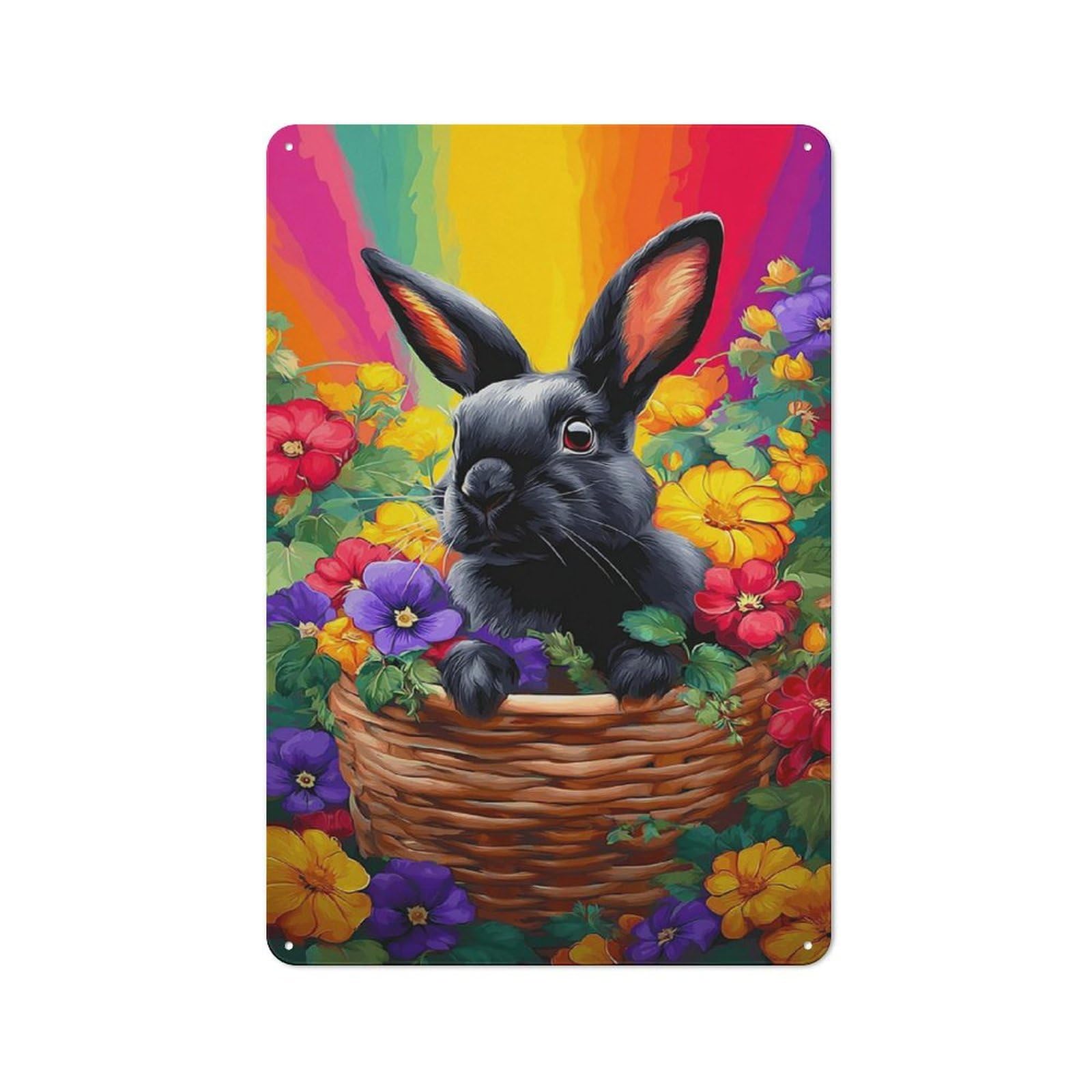 Junmoney Rabbit In A Basket Of Flowers Retro Metal Plaque 30X20cm For Guest Room Or Hallway, Housewarming Present For People Styling Guest Room And Hallway