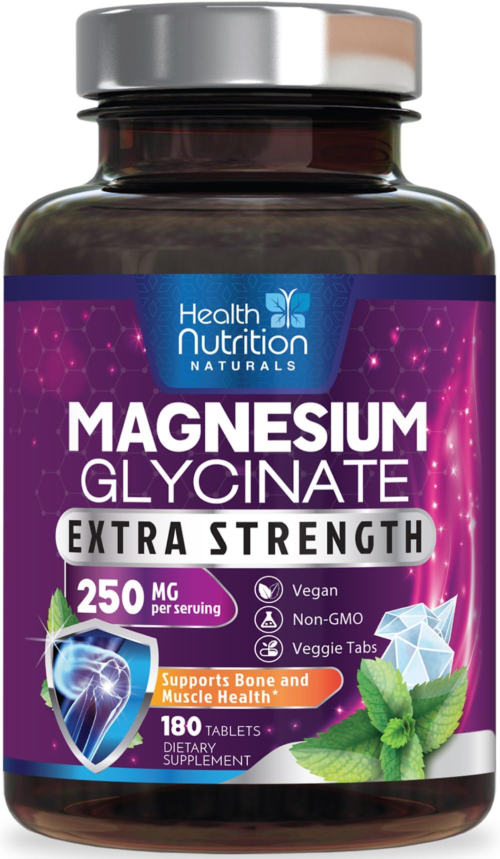 Magnesium Glycinate 250mg Per Serving - High Absorption 100% Chelated Magnesium Formula - Muscle, Nerves, Bone & Heart Health Support Supplement, Gluten-Free Non-GMO Vegan - Bottled USA - 180 Tablets