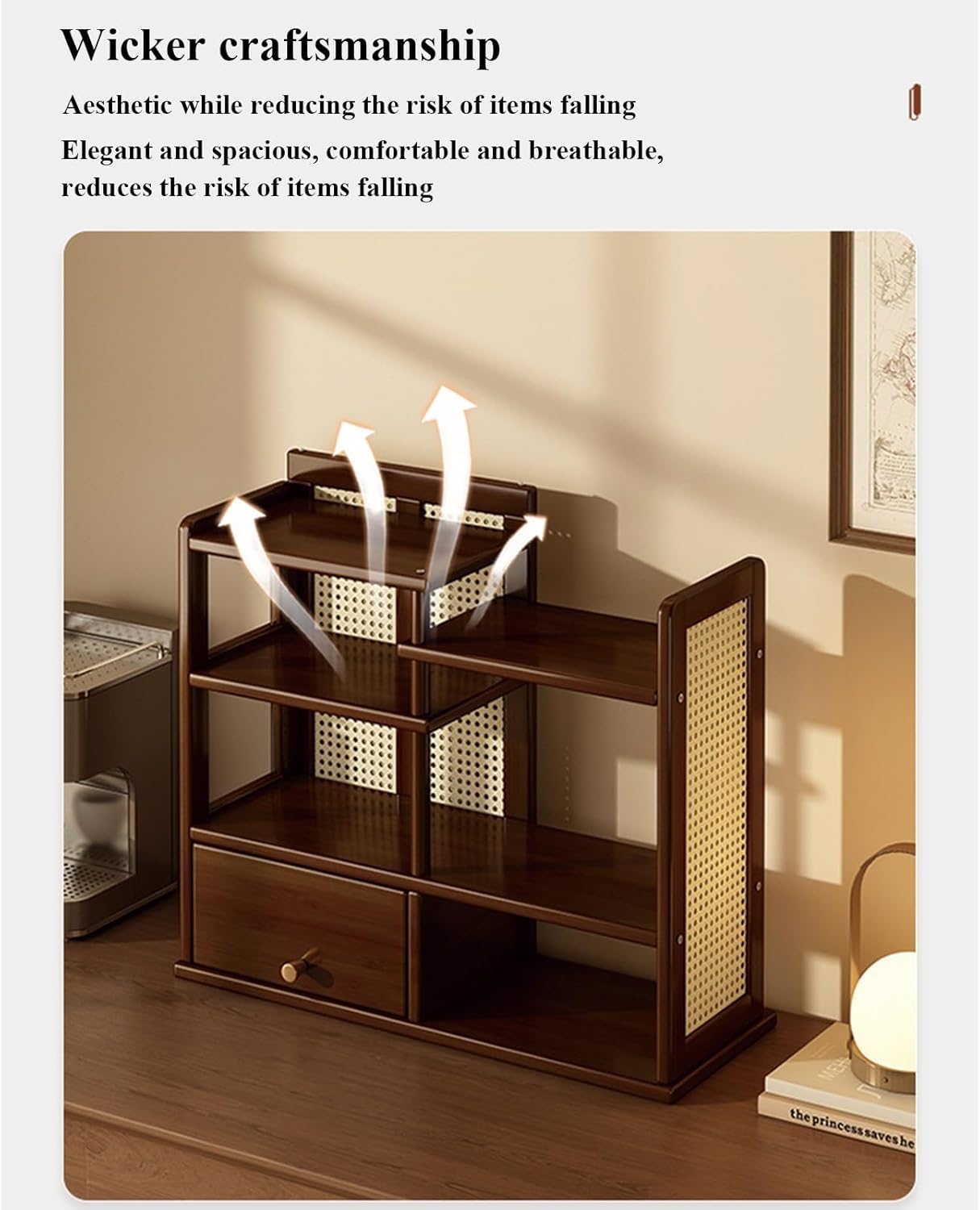 4 Tier Cup Mug Holder Wooden Bamboo Look, Condiment Storage Rack, Bathroom Stand Storage Shelf，Walnut 60cm