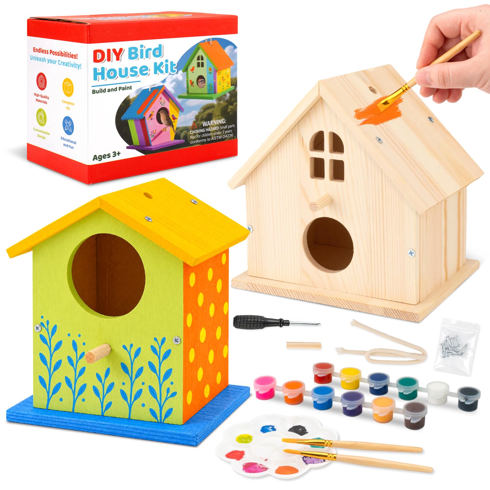 DoodleDoo Paquete de 4 casitas de madera para pájaros, arte y manualidades, kit de pintura para interiores y exteriores con pintura y pinceles para niños de 6 a 12 años, regalo de cumpleaños para