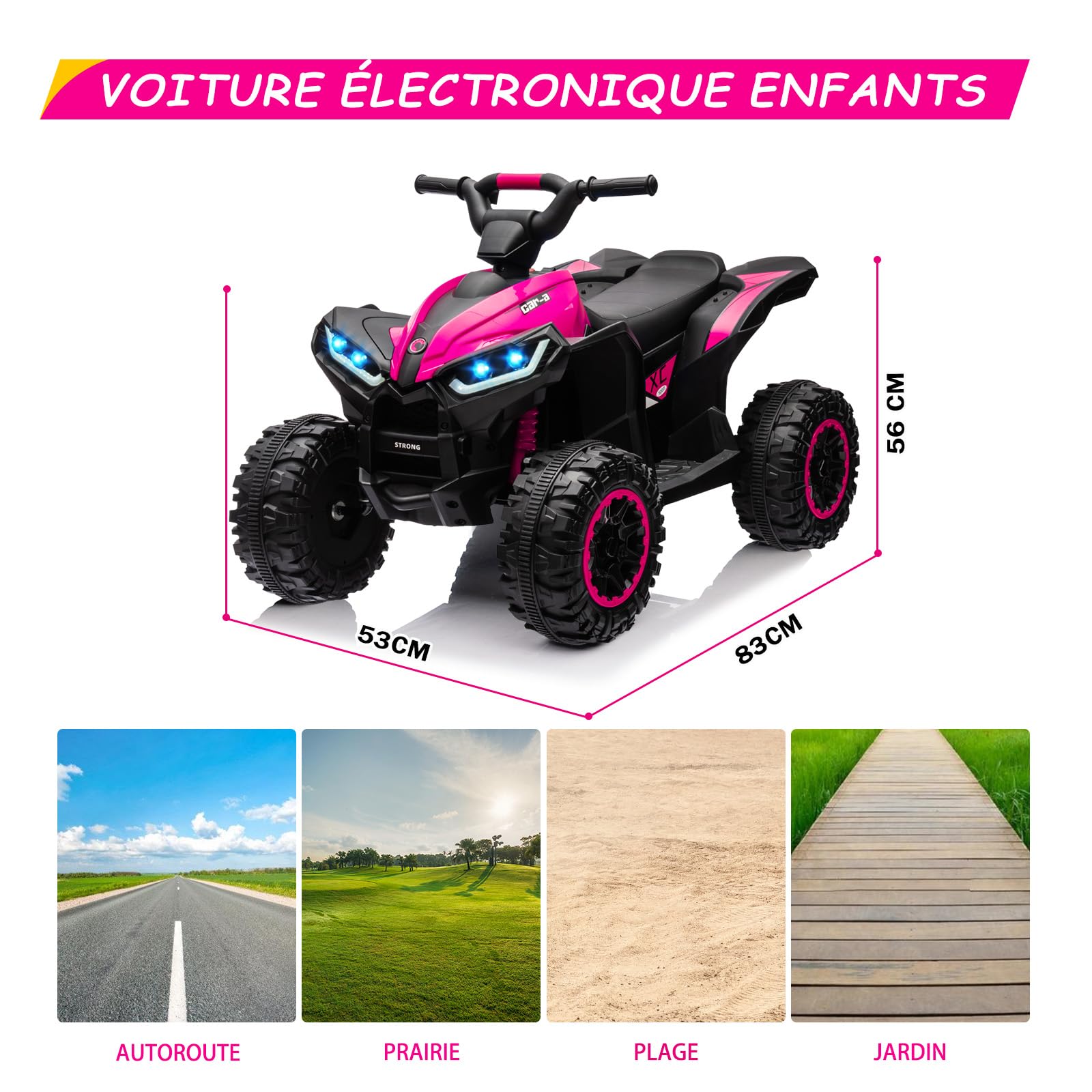 Garvee 12V Kinderquad Elektroauto für Kinder mit LED und Musik, 2 Geschwindigkeiten 3-6 Km/h, Hupe, Kinderfahrzeug Mit Fernbedienung für Kinder 3+ Jahre (Rosa)