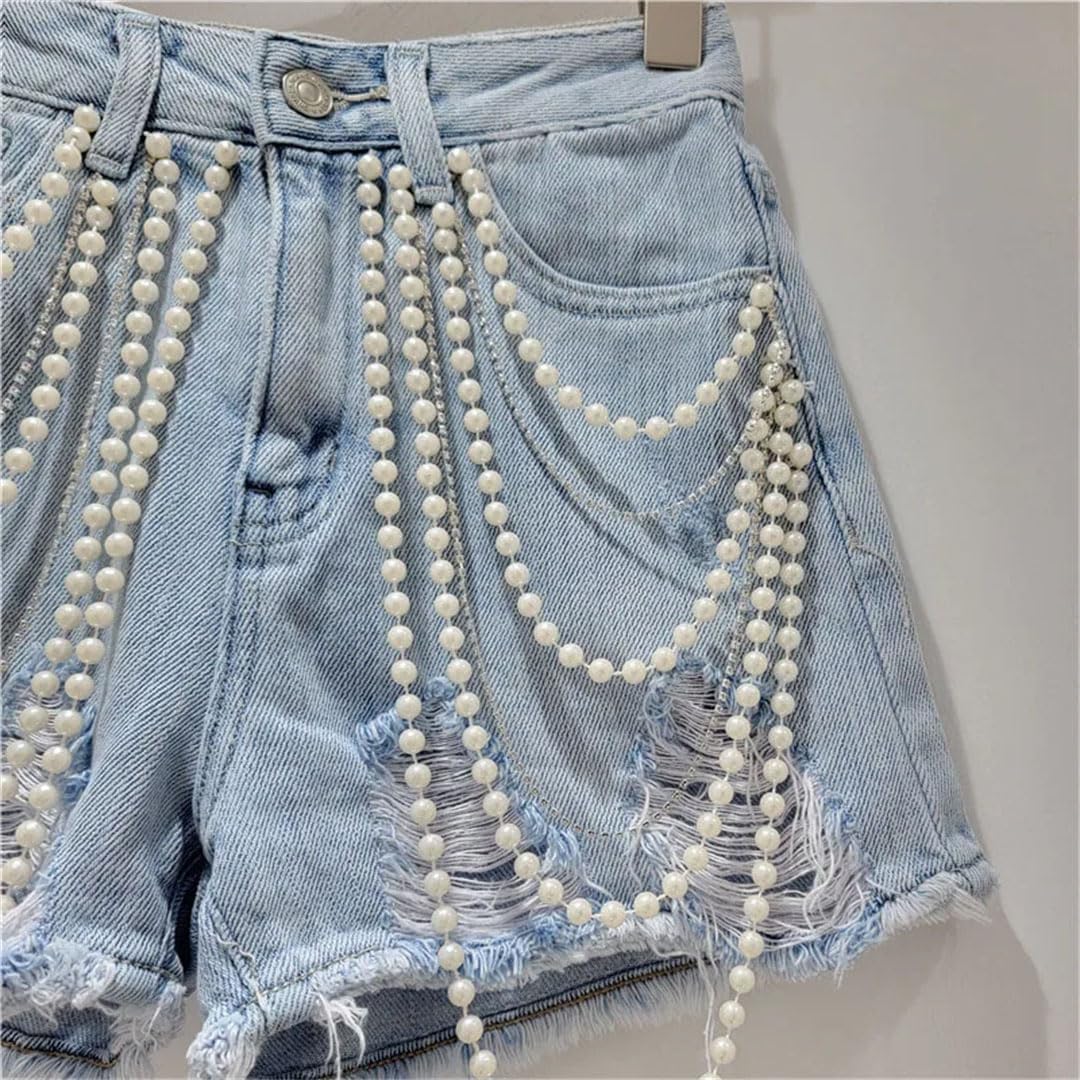 Hgvcfcv Women's Denim Shorts High Waist Solid Color Beading Patchwork Short Pants Female Trendy