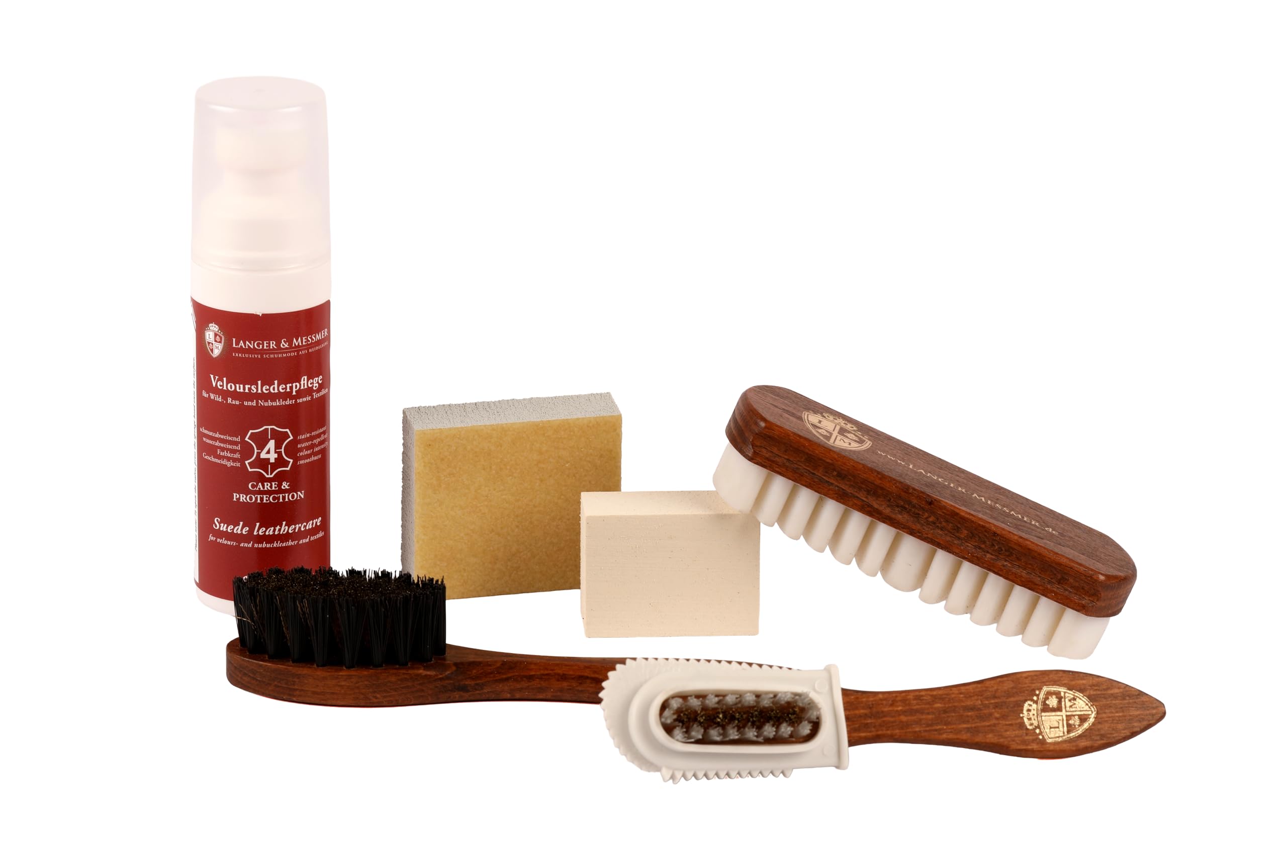 Langer & Messmer set de cuidado del calzado para cuero de ante con cepillos para el cuidado del cuero nobuck y productos de cuidado para refrescar el color, protección e impregnación