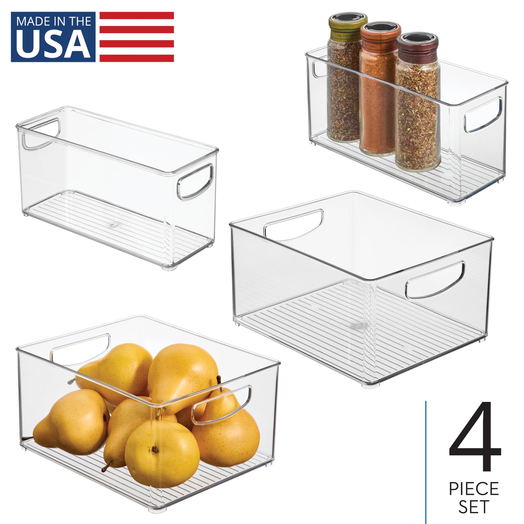 iDesign Set di 4 contenitori organizer in plastica riciclata al 50% per l'organizzazione della dispensa e dell'armadio, Made in USA, Set di 4 contenitori in 2 dimensioni, trasparenti