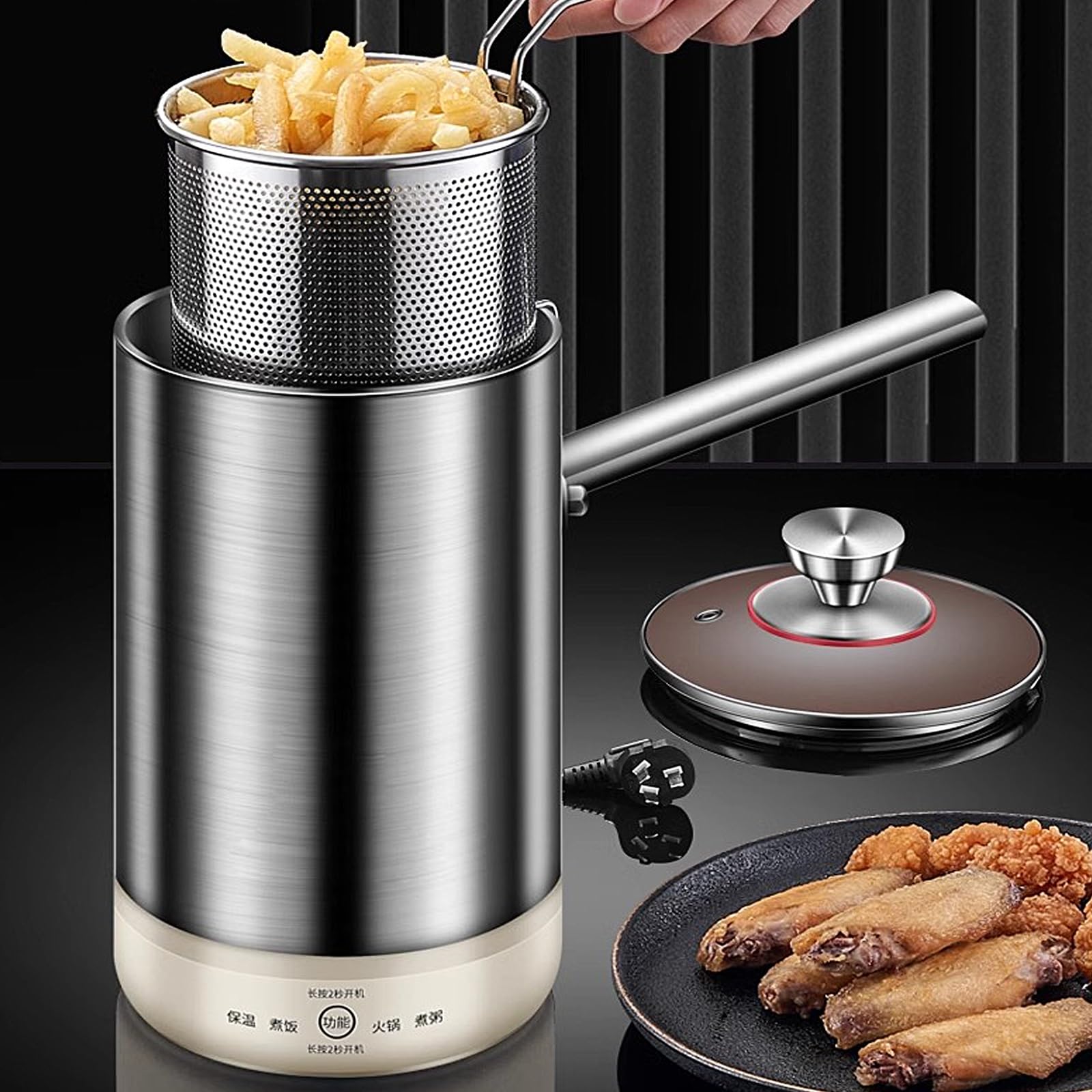 Freidora Eléctrica de Aceite Inoxidable 304 Olla Freidora con Cesta y Tapa 2 Litros 600W 220V para Freír, Hervir Fideos, Calentar Leche, Cocinar Gachas