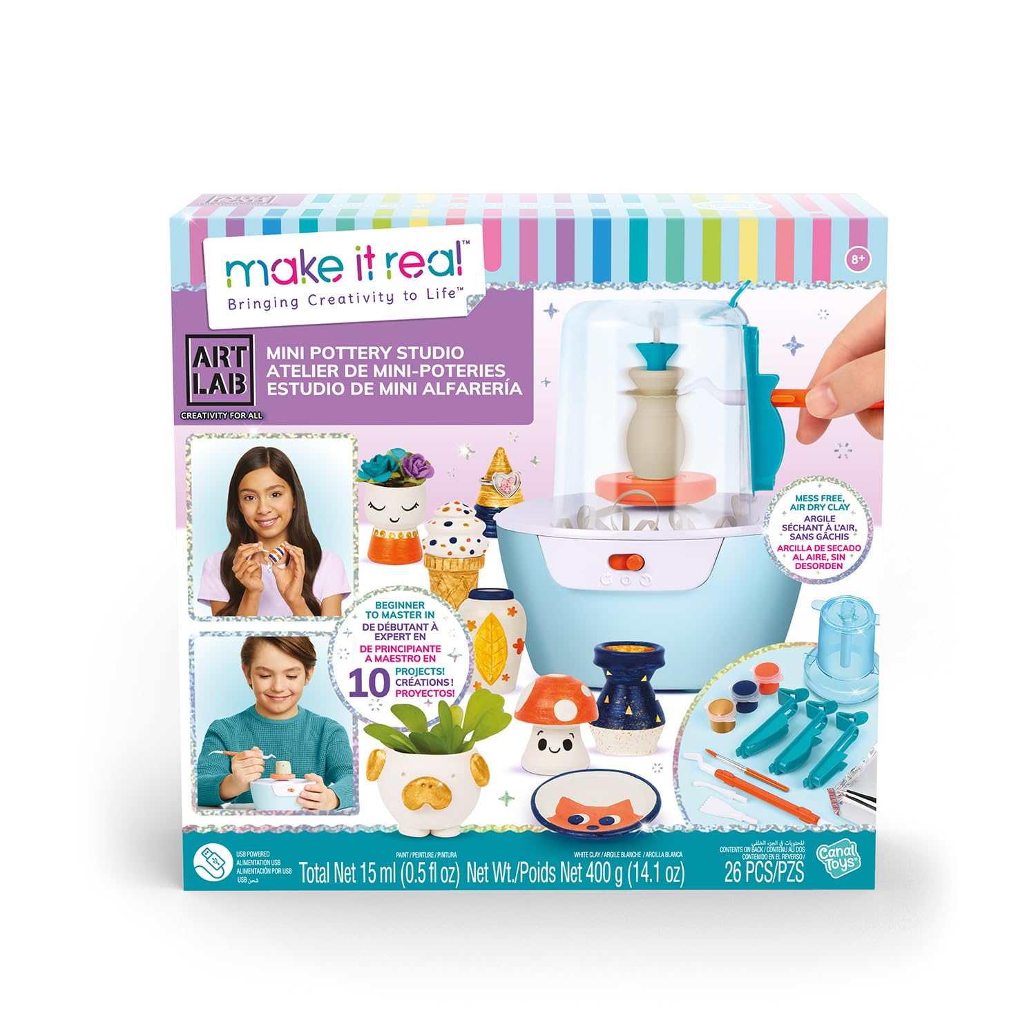 Canal Toys - Art Lab Super Taller de Cerámica – Mini Torno con Cúpula Antidesorden, Arcilla Natural de Secado al Aire -10 Proyectos Guiados - Pinturas y Herramientas - Manualidades Niños 8+ - ART016 | Mini Torno con Cúpula Antidesorden, Arcilla Natural de