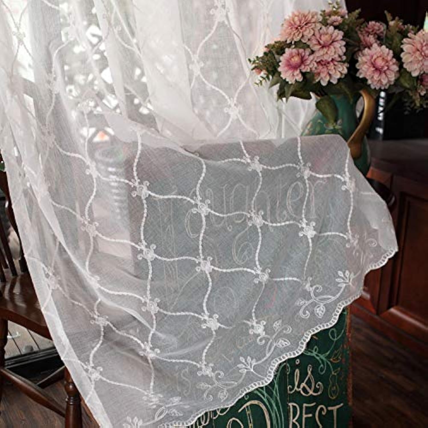 Dentelle voile rideau haut de gamme blanc au style macramé chic