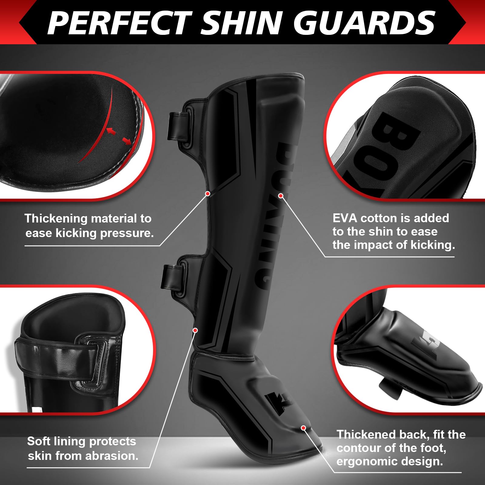NZQXJXZ Protege Tibia Boxe avec Gants de Boxe 16oz, Protège-Tibias de Kickboxing Muay Thai Arts Martiaux, Protège-Jambes Réglables avec Protection du Cou-De-Pied pour l'Entraînement et Le Sparring MMA