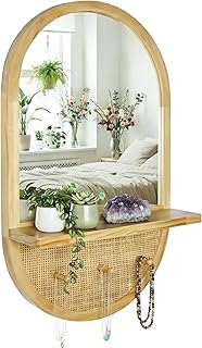 Wall Mirror with Hooks, 30x18 Inch Boho Wall Mirror with Removable Shelf...