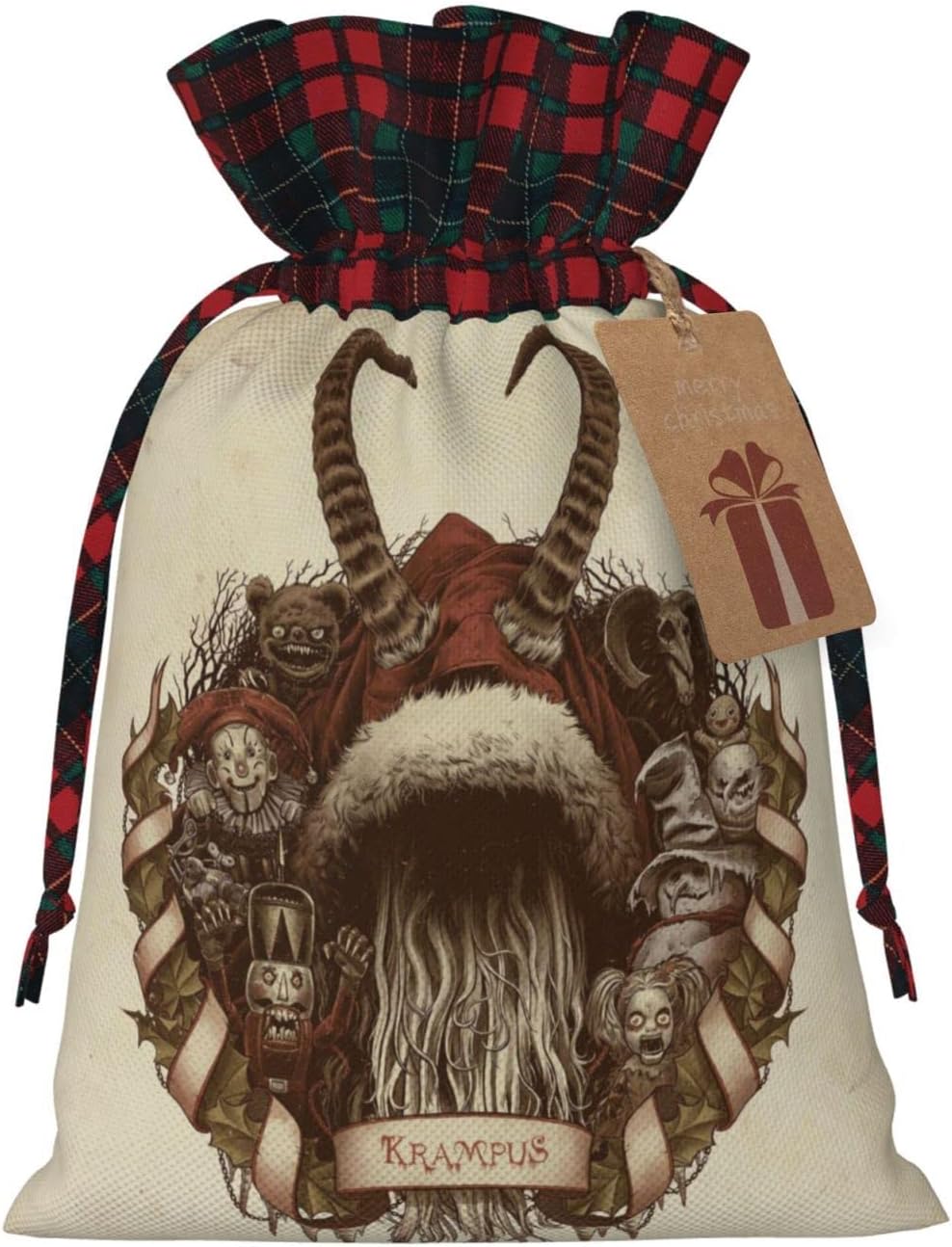 Vintage Merry Krampus Christmas Drawstring Gift Bag With