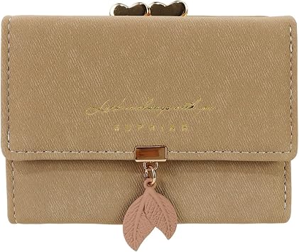 Small Women's Wallet, Leaf Pendant Ladies Wallet Trifold PU Leather Credit Card Holder Trendy Coin Purse with Kiss Lock for Card Cash Coin Brown