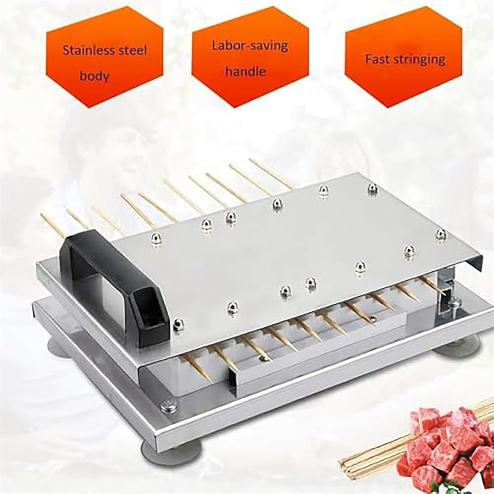 Brocheta manual de acero inoxidable, dispositivo de brochado resistente para carne y frutas, compatible con brochetas de bambú/hierro de hasta 35 cm