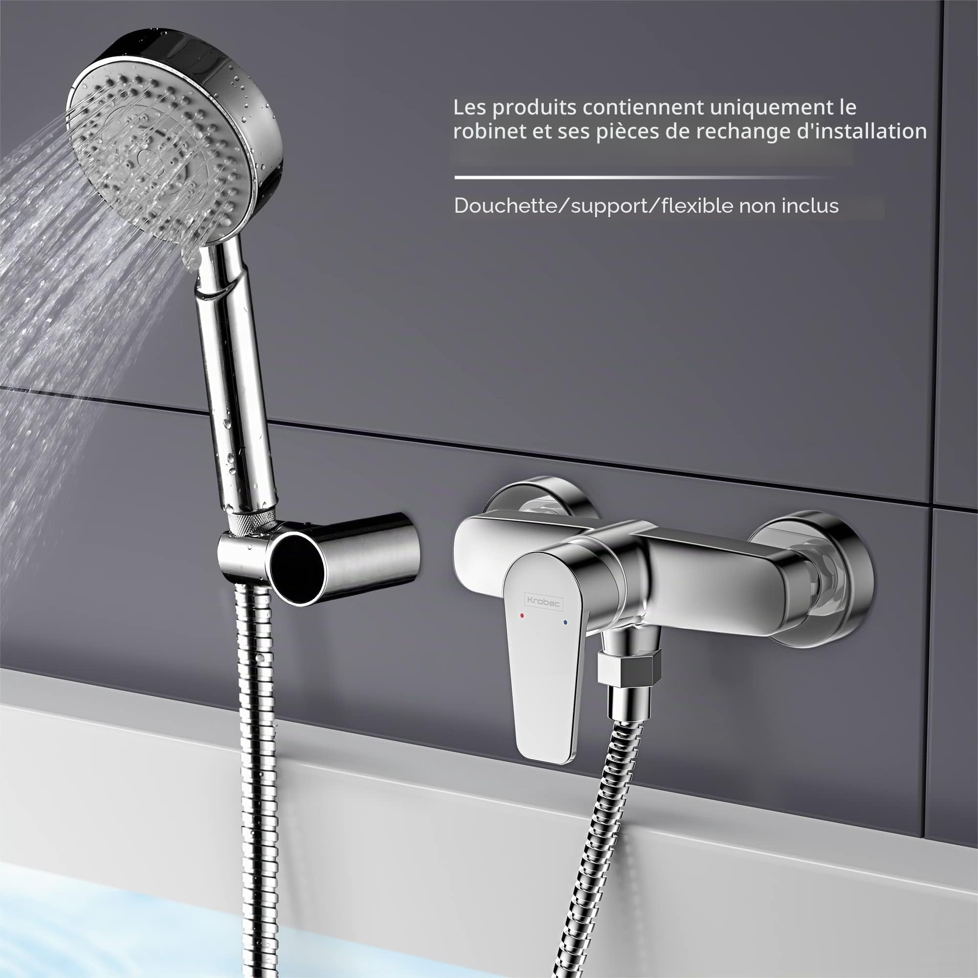Krobec robinet de douche, mitigeur de douche à levier unique, robinet mitigeur de douche mural, raccord de tuyau fileté G1/2, laiton, chromé. (Moderne)