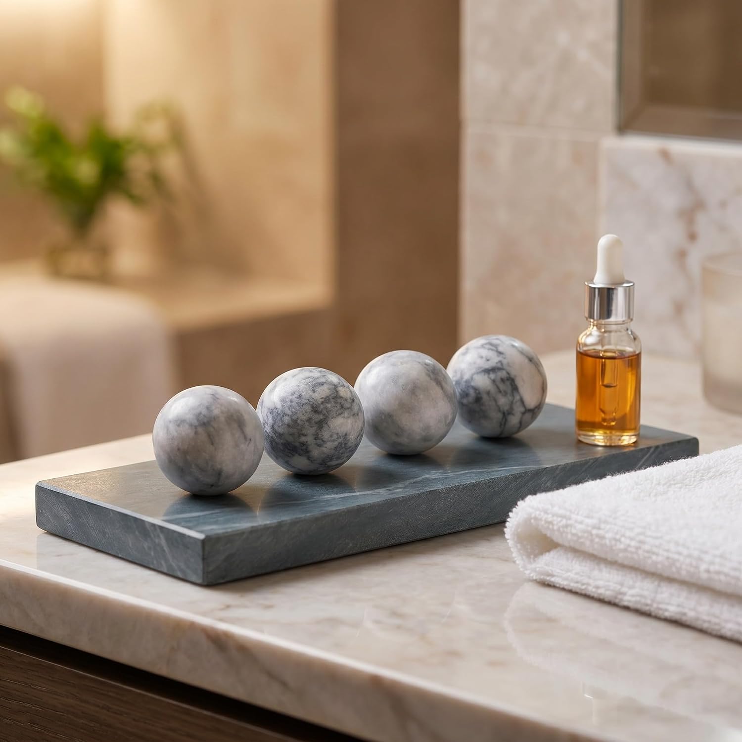 4pcs Beige Marble Look Stone Sphere Decorative Bowl Filler for Home Office and Entryway Shelves, 1.38 Inch Smooth Round Spheres with Natural Stone Texture for Stable Display