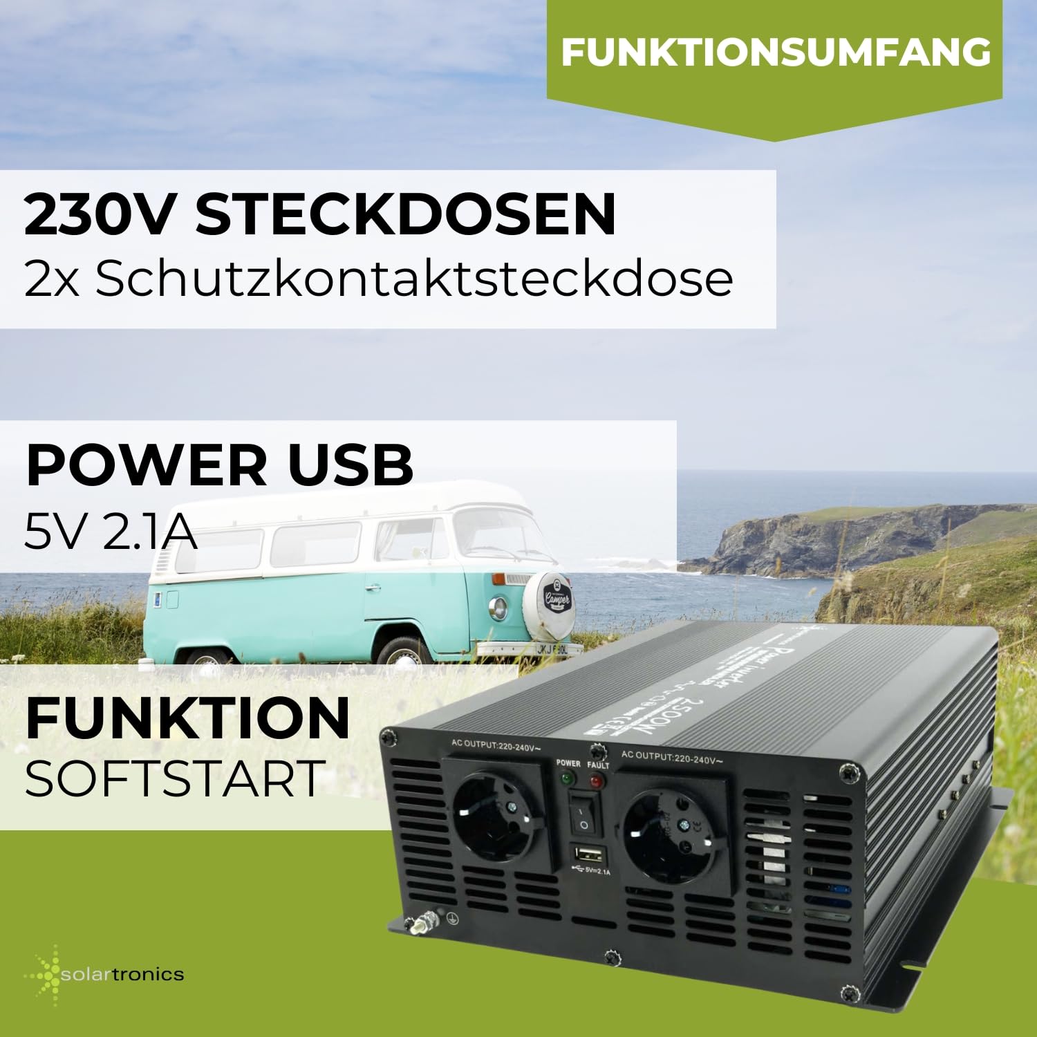 SOLARTRONICS NM2500 Spannungswandler 24V 230V modifizierter Sinus 2500W - 5000W Spitzenleistung - Wechselrichter 24V auf 230V Stromwandler mit Schuko-& USB Anschluss Solar Inverter Umwandler