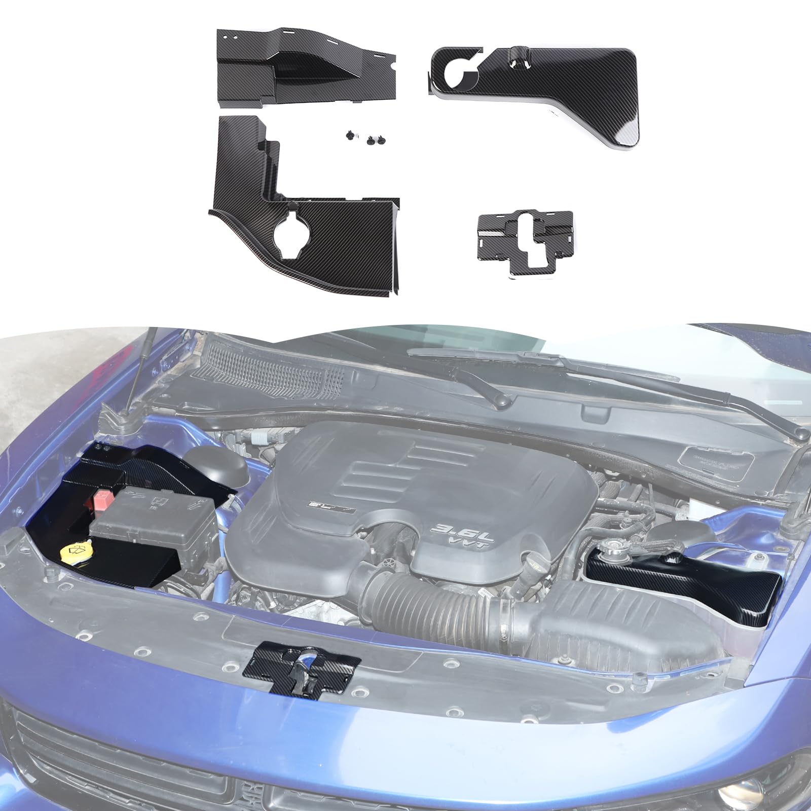 RT-TCZ Engine Wire Dust Cover Coolant Tank Cover Windshield Washer Tank Cover Engine Hood Lock Cover Trim 4PCS Kit Accessories for Dodge Charger 2011-