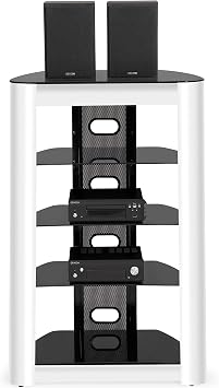 Homeology ZINNIA 5-Tier Entertainment Media Stand Black Glass Shelves & White Facia Audio Rack Stylish Home Theater Storage