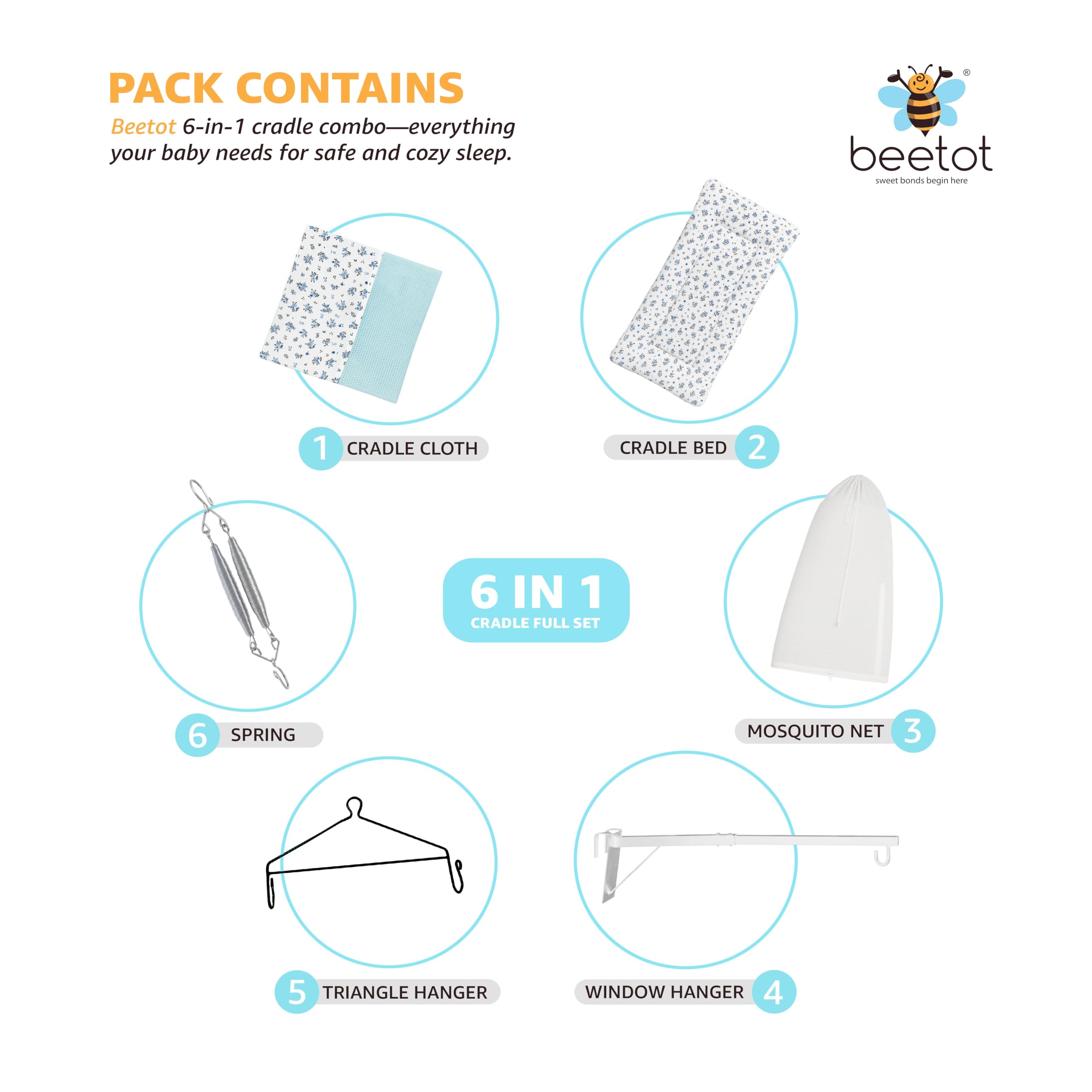 beetot Baby Cradle Swing/Jhula (Thottil Cloth, Palna, Dolna) Set | Hanging Cradle with Padded Bed, Mosquito Net, Spring, Triangle & Window Hanger | Up to 15 kg | 0-2 Years | FS-Emily Blue - Image 2 thumbnail