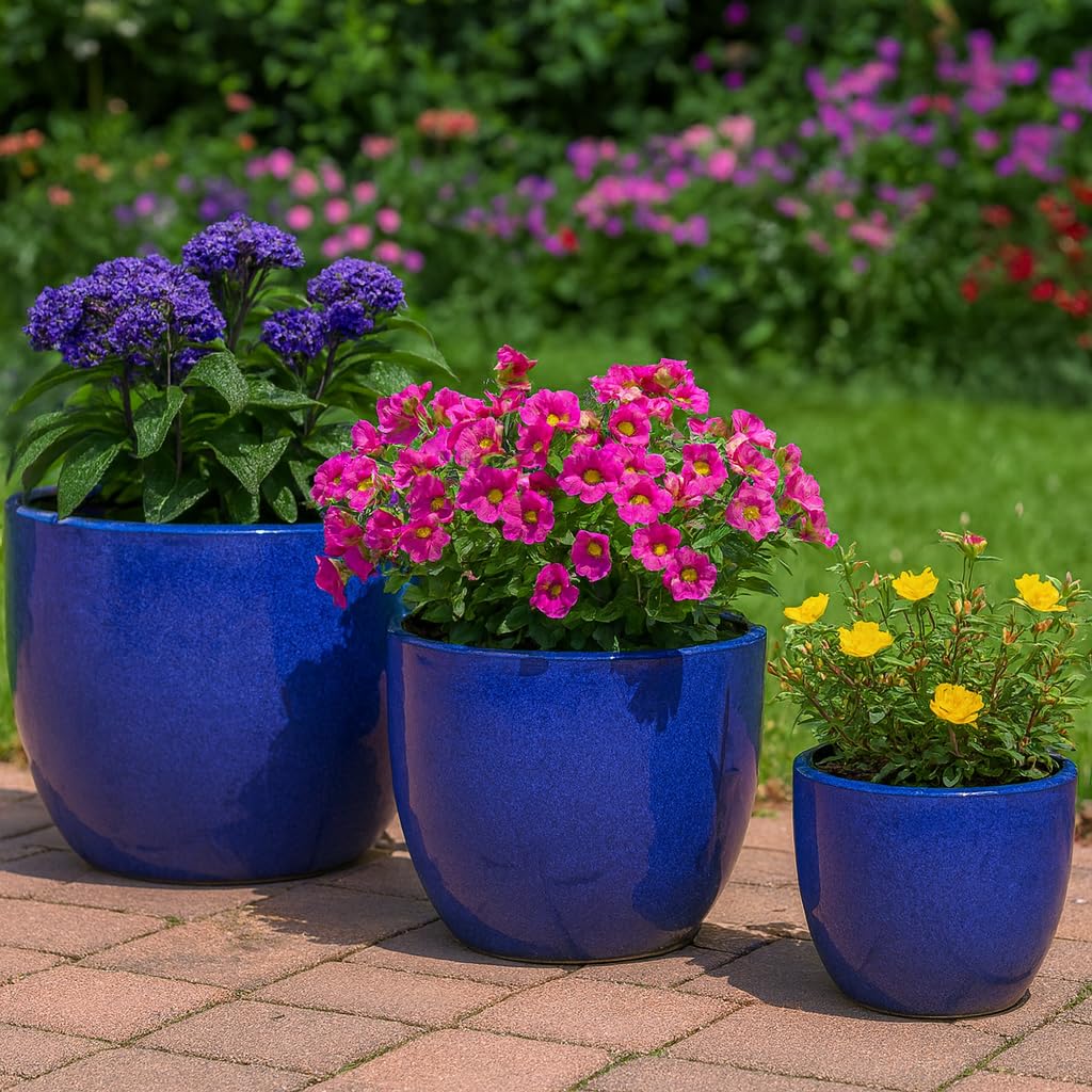 Steinzeug-Blumentopf/Pflanzkübel Eiertopf Blau 36x30cm frostfest