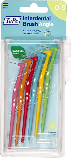 TePe Angle Interdental Brushes Mixed Pack - Samples of Every Size, easy and simple interspace cleaning with long handle and angled neck, 1 x 6 brushes