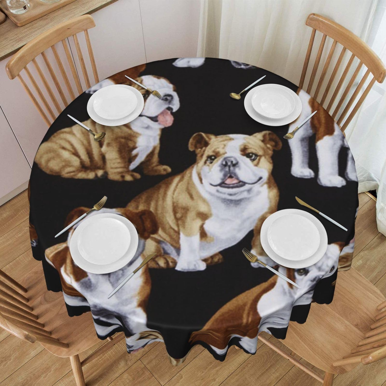 DCEHGEW 60 In Round Tablecloth with Lace, English Bulldogs Printed Oilproof & Washable Fabric Picnic Table Cloth Table Covers