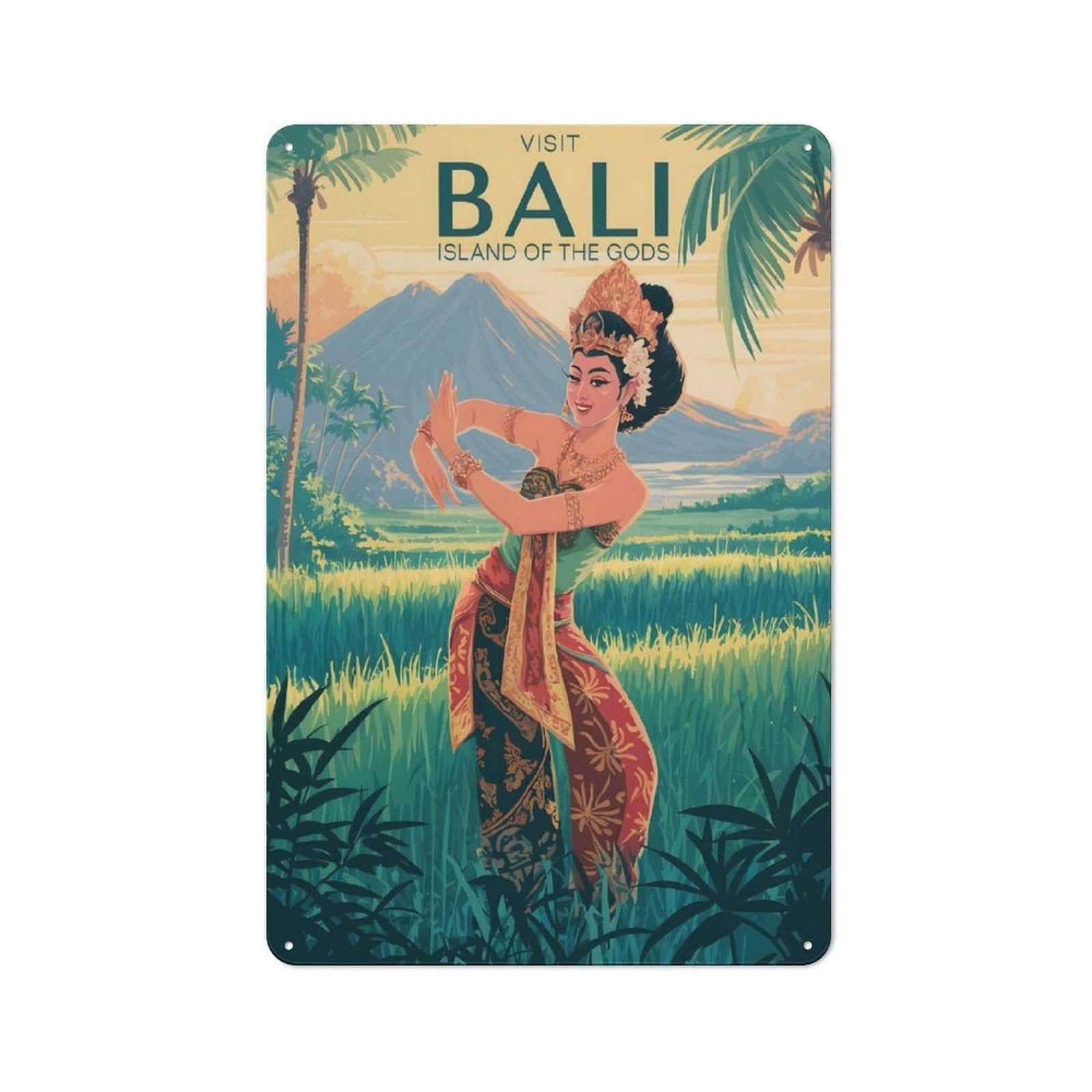 Junmoney Style-19 Rustic Metal Sign With Visit Bali Island Of The Gods Design 30X20cm, Country Vintage Cottage Wall Art For Kitchen, Cottage, Porch Or Garden Room