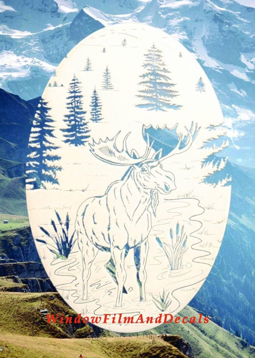 Moose Scene Oval Etched Window Decal Vinyl Glass Cling - 21" x 33" - White with Clear Design Elements