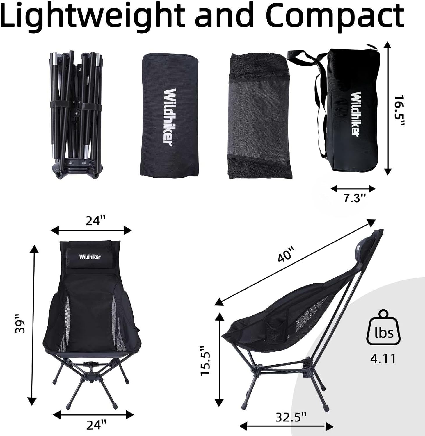 Wildhiker Portable Compact Folding Camping Chairs – Lightweight High Back with Pillow, Deep Recline, ArmPads, Side Pockets-for Motorcycle, RV, Backpacking,Travel，Festival – Black