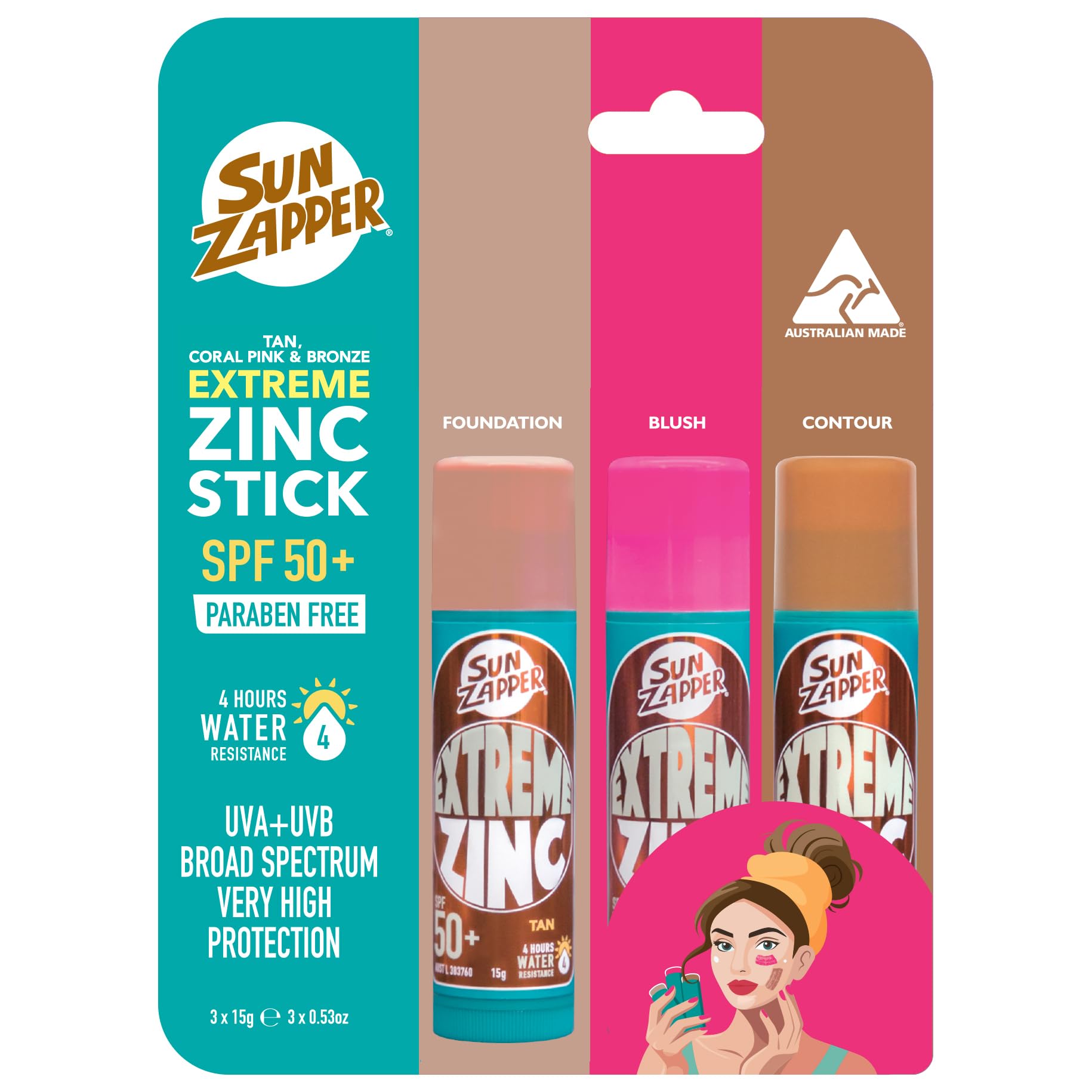 Sun Zapper Extreme Sunscreen Zinc Stick - BEAUTY Tan, Pink, Bronze 3-Pack SPF50+ Colored Zinc Oxide Sticks for Face - Made in Australia 45g