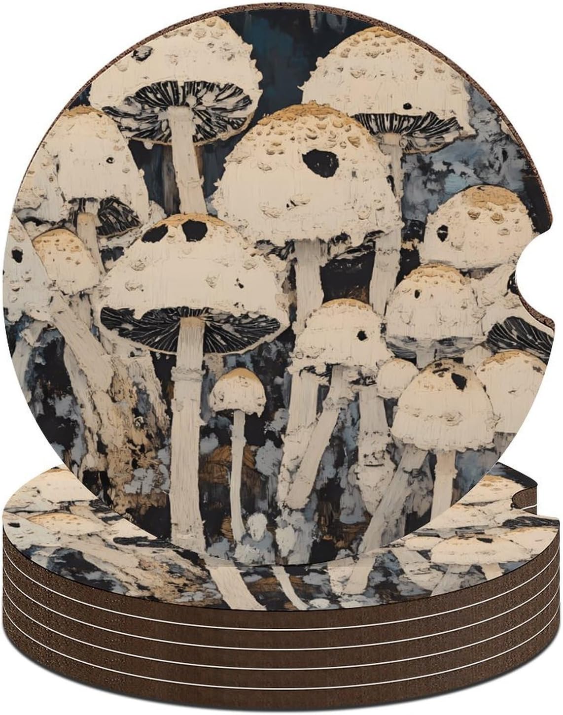Wild White Mushrooms Car Cup Holder Coaster with Cork Base 2.6 Inches Anti Slip