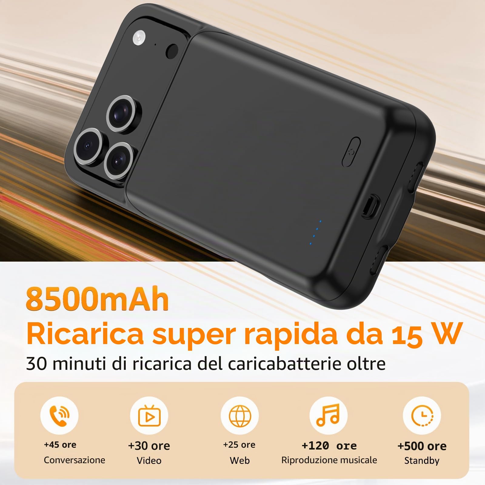 Custodia con batteria per iPhone 17 Pro (6,3 pollici), 8500 mAh, caricabatterie portatile per iPhone 17 Pro, custodia ultra sottile con batteria estesa e custodia protettiva con funzione di