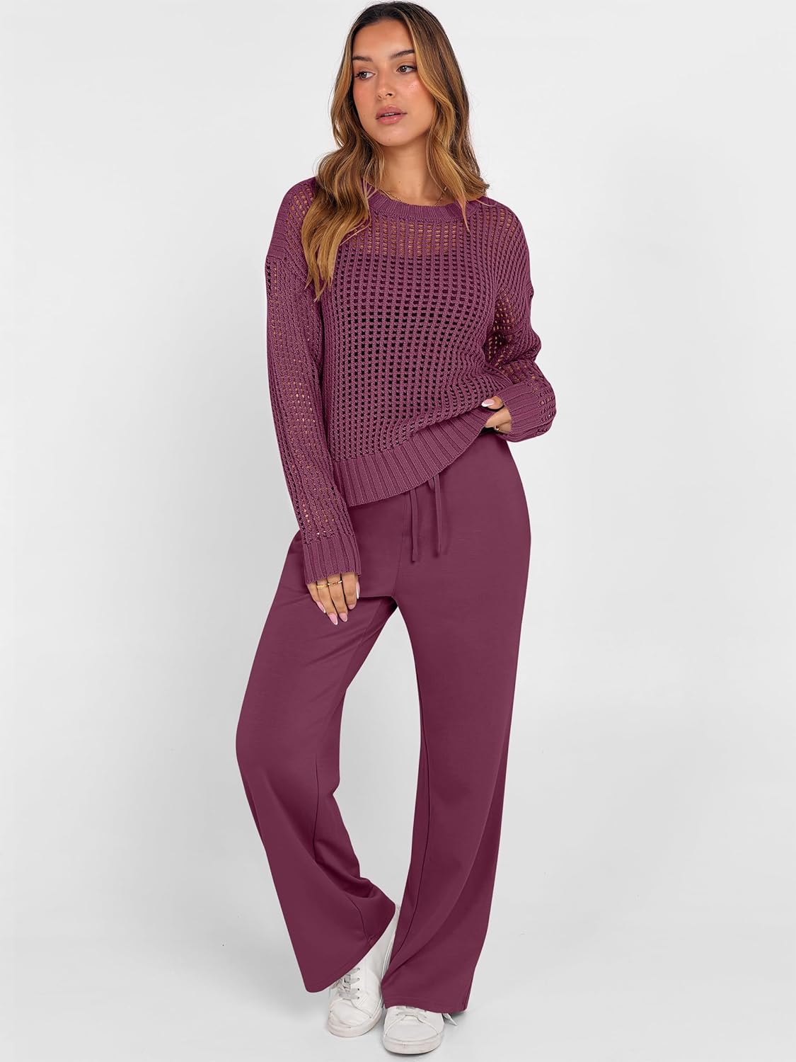 ANRABESS Womens 2 Piece Outfits Crochet Sheer Knit Sweater Top Wide Leg Pants Lounge Set Sweatsuit 2026 Spring Travel Clothes - Image 2