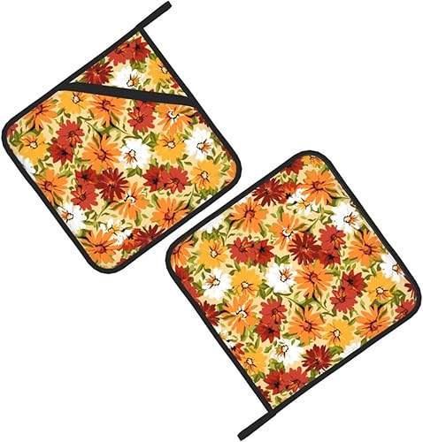 Miniatura 9 de Agarraderas básicas de girasol para cocina, uso diario, con flores de otoño, resistentes al calor, para cocinar, hornear, barbacoa, paquete de 2, 8