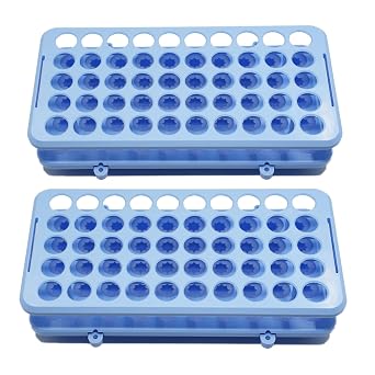 2 Pcs Plastic Test Tube Rack Holder for 5ml/10ml/15ml Centrifuge Tubes, Detachable,Silicone Pad Tubes 50 Holes with Hole Diameter 18 mm Light Blue