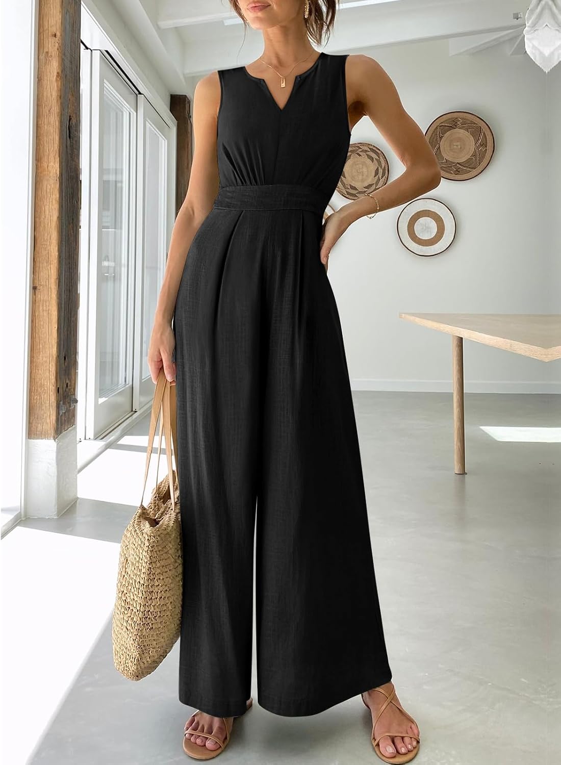 ANRABESS Jumpsuits for Women Summer Dressy Casual Linen Romper Sleeveless V Neck High Waist Wide Leg Beach Vacation Outfits - Image 2
