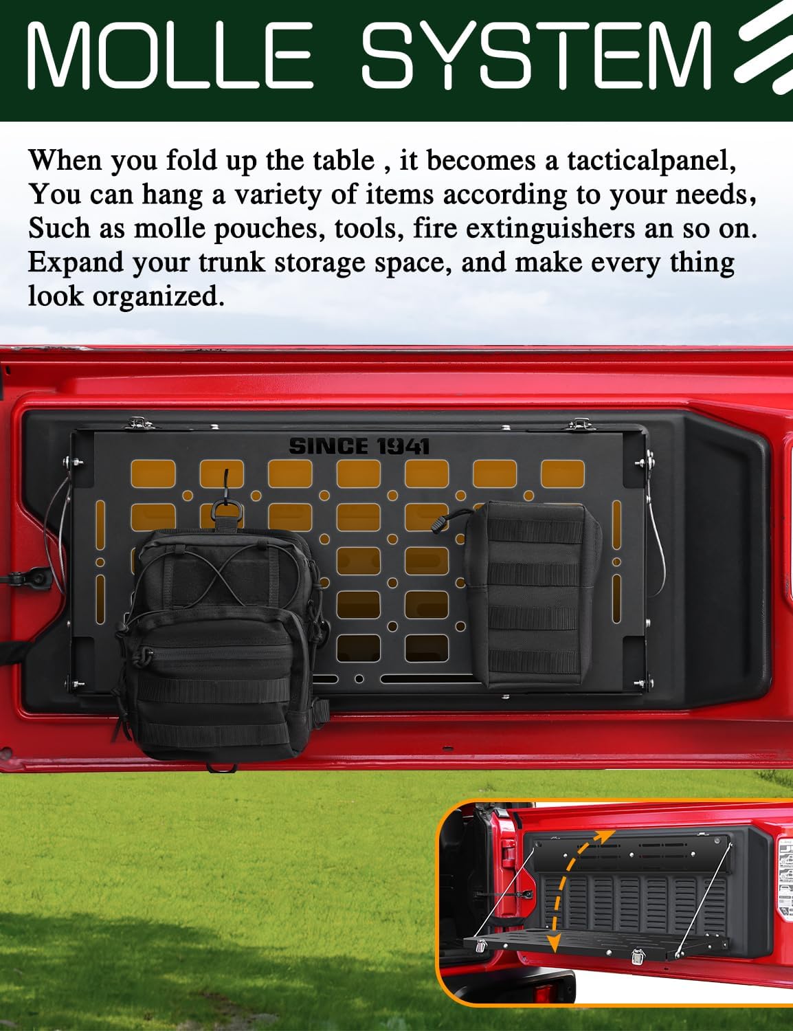 JROAD Non-Destructive Installation Wrangler JL Tailgate Table for 2018-2024 Jeep Wrangler JL JlU Rear Door Foldable Storage Shelf MOLLE Panel (Exclude 2020-2022 Gladiator JT)