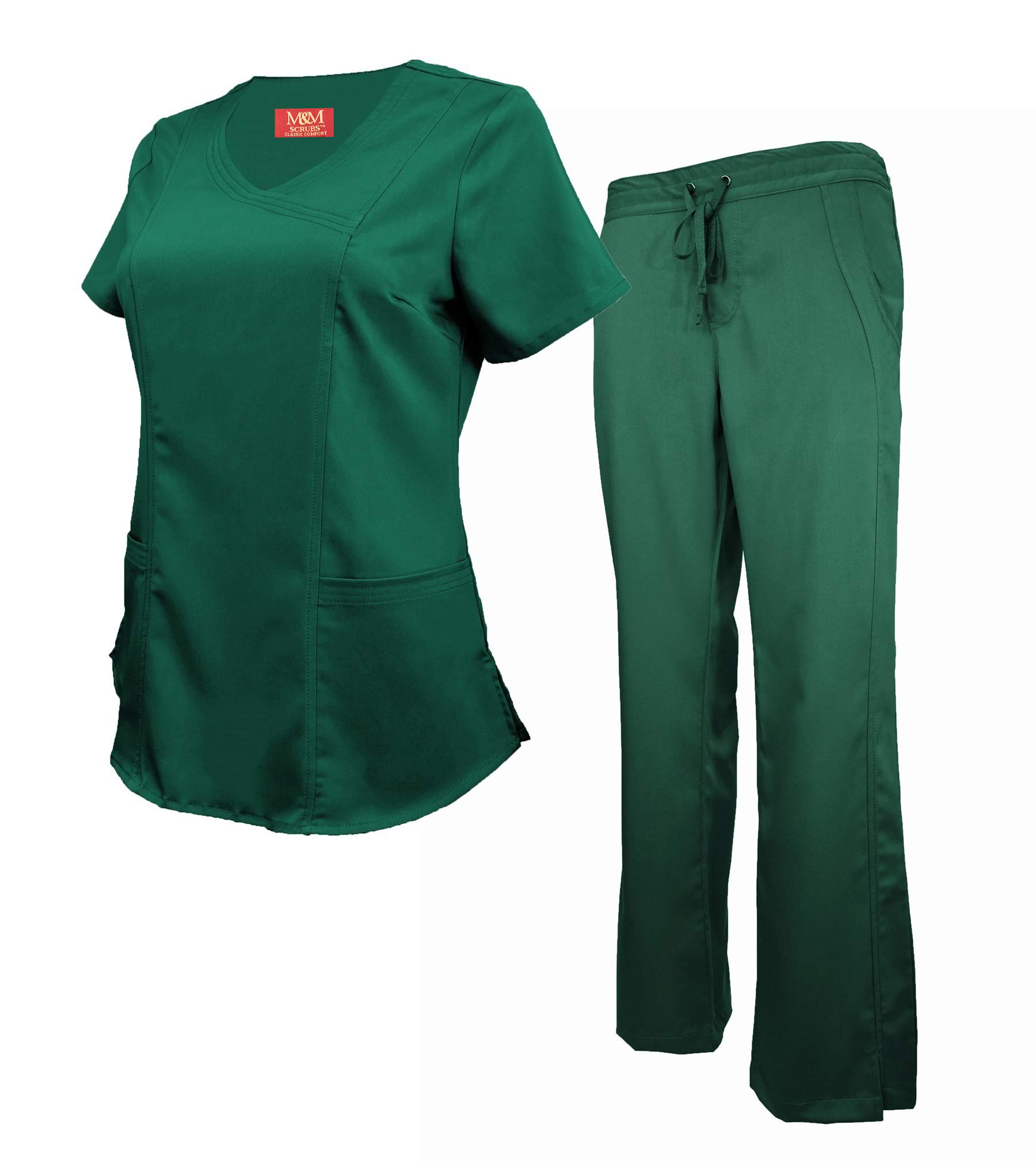 M&M SCRUBS Women's Ultra Soft Modern Fit Mock Wrap Scrub Set (Hunter Green, Large)