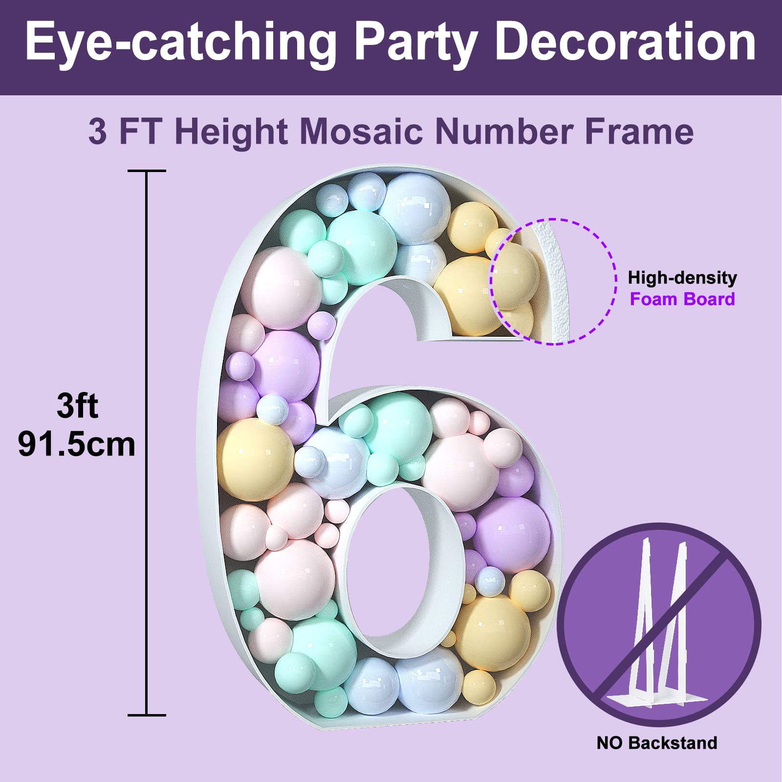 imprsv Marquee Number, 3FT Mosaic Numbers for Balloons, Mosaic Number Frame, Number 6 for Party Decor, Birthday Decorations Anniversary Decoration, Pre-Cut Kit Foam Board, Large Cardboard Numbers