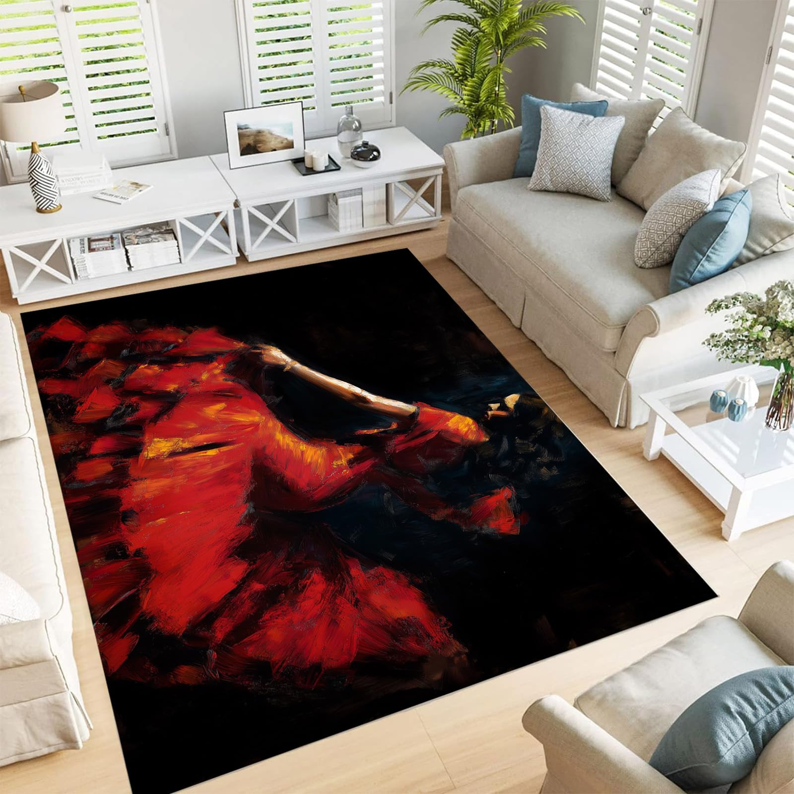 Tapis de salon danseuse en jupe rouge au fini peinture a l'huile et texture douce