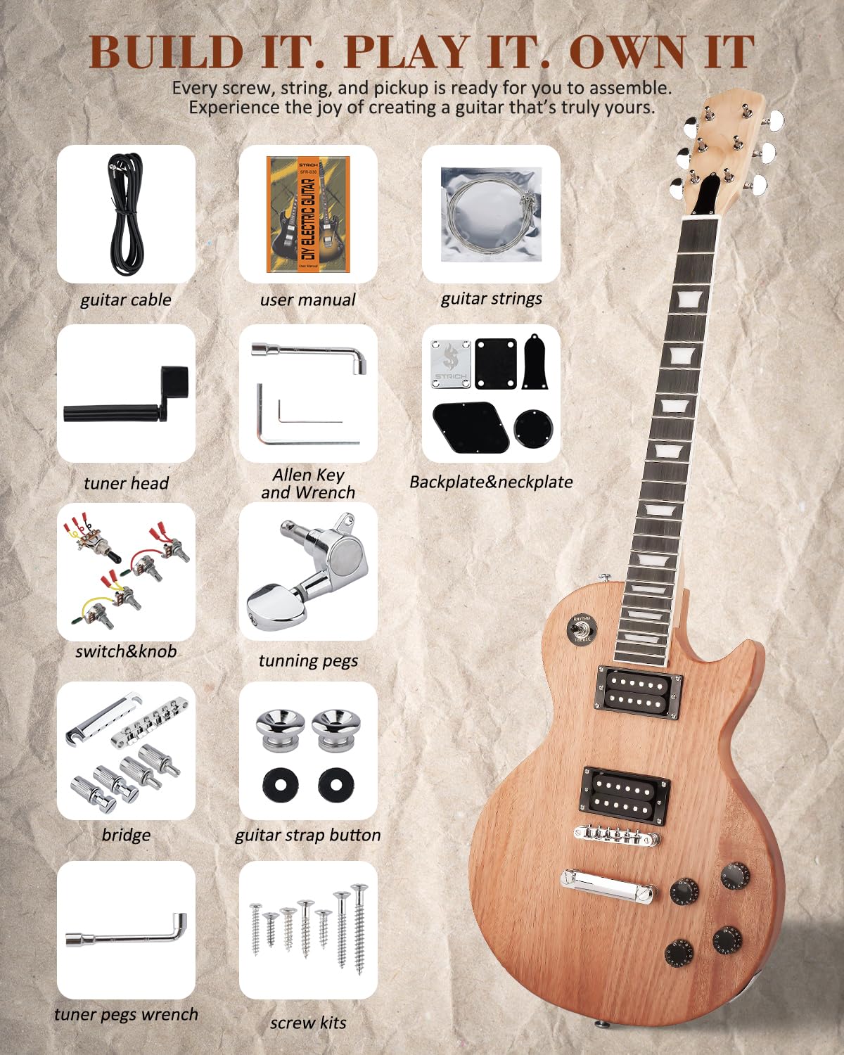 STRICH SLP-D30 DIY Kit de guitarra eléctrica, cuerpo estilo LP sin terminar, configuración de pastilla HH
