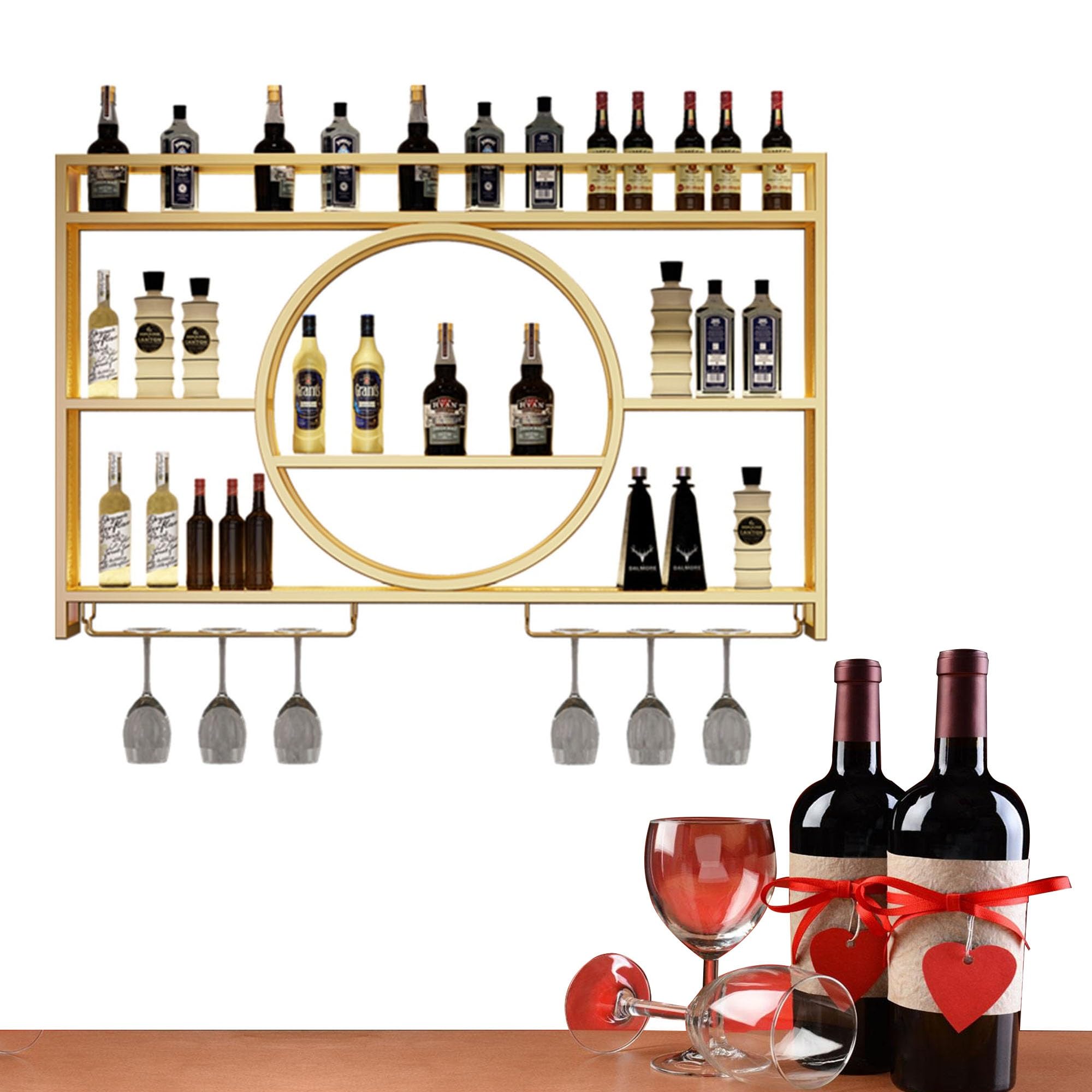 Étagère bar murale pour bouteille d'alcool et verres suspendus dans votre salon chic