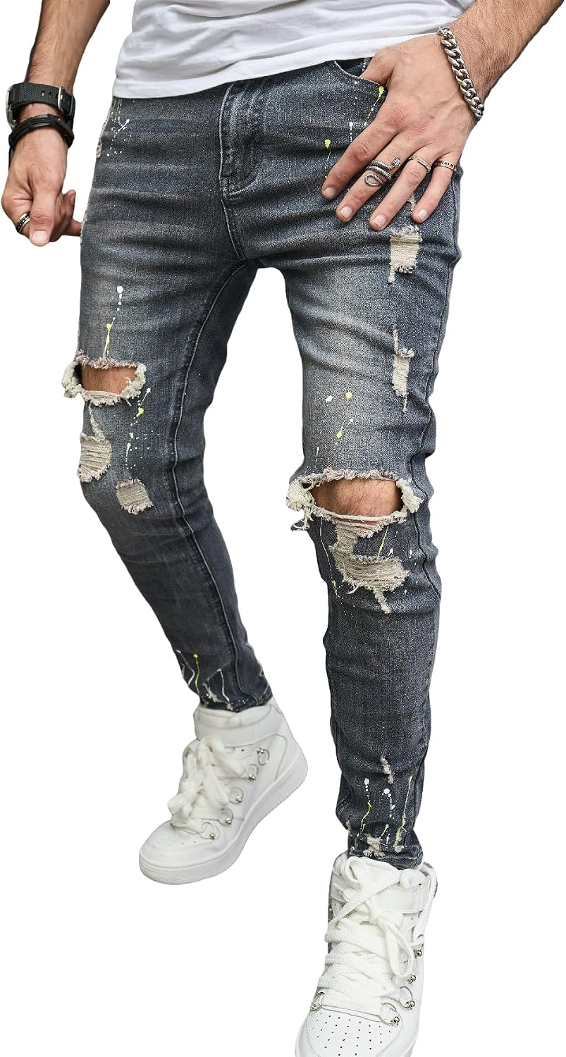 WDIRARA Men's Denim Splash Ink Print Ripped Raw Hem Distressed Skinny Jeans Pants with Pockets