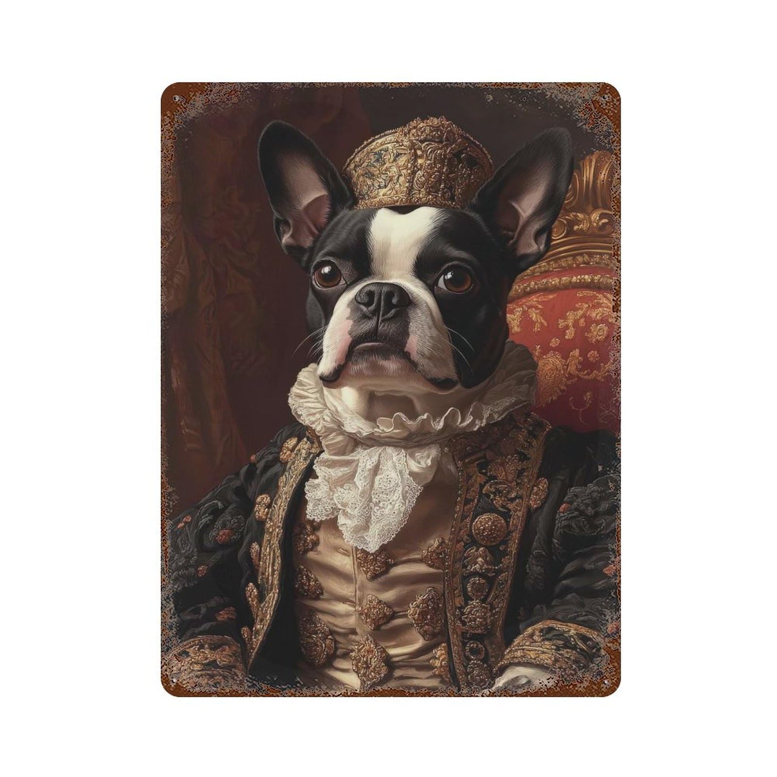 Rust Effect Boston Terrier Renaissance Noble Regal Dog Portrait Aged Metal Wall Plaque 15.7"x11.8", Rustic Home Decor for Bistro, Counter And Cafe Decor
