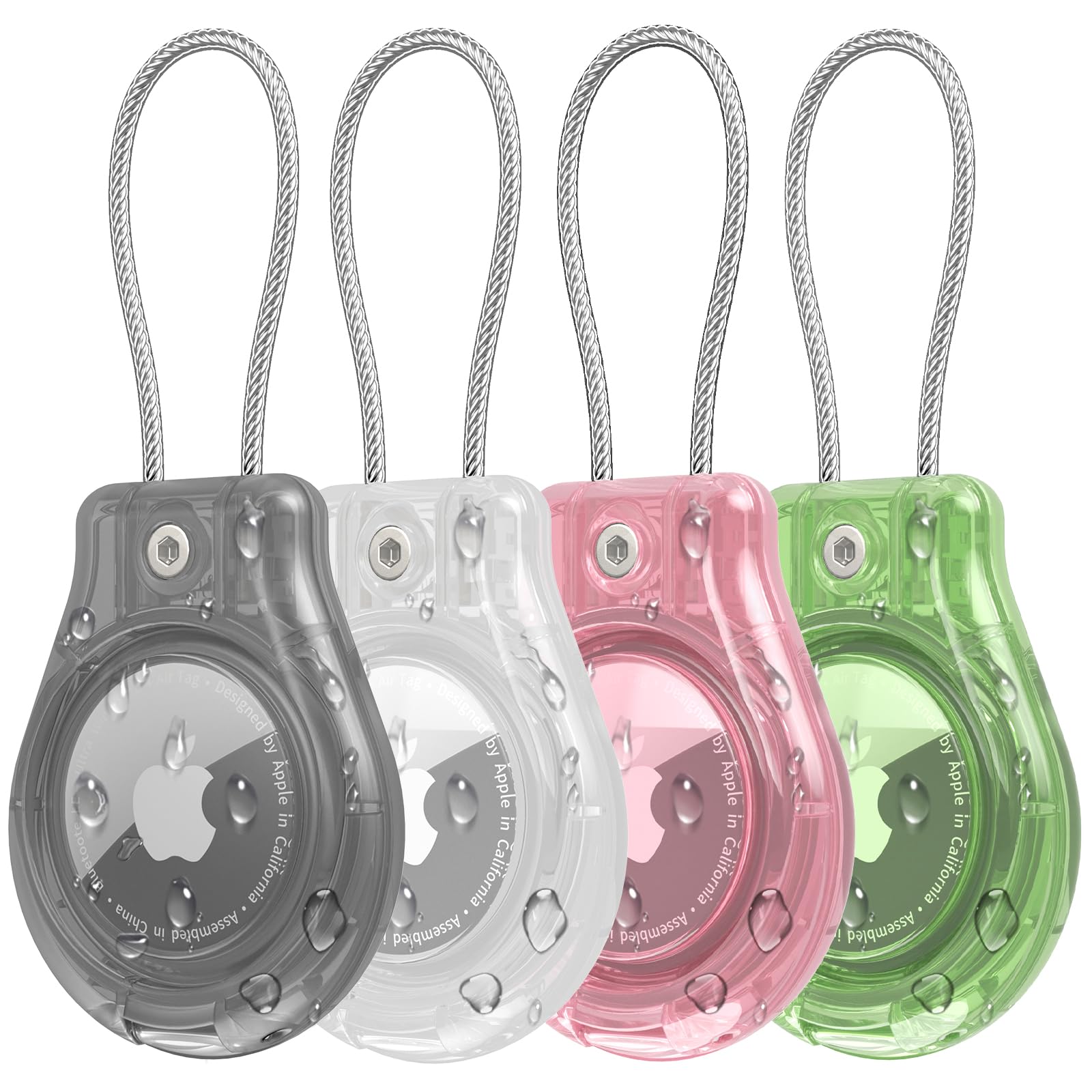 Waterproof Air Tag Holder with Wire Cable - Air Tag Keyring Secure, Protective Air Tags Keyring for Keys, Key Ring, Luggage, Compatible with Apple Air Tag (Black/White/Pink/Green, 4)