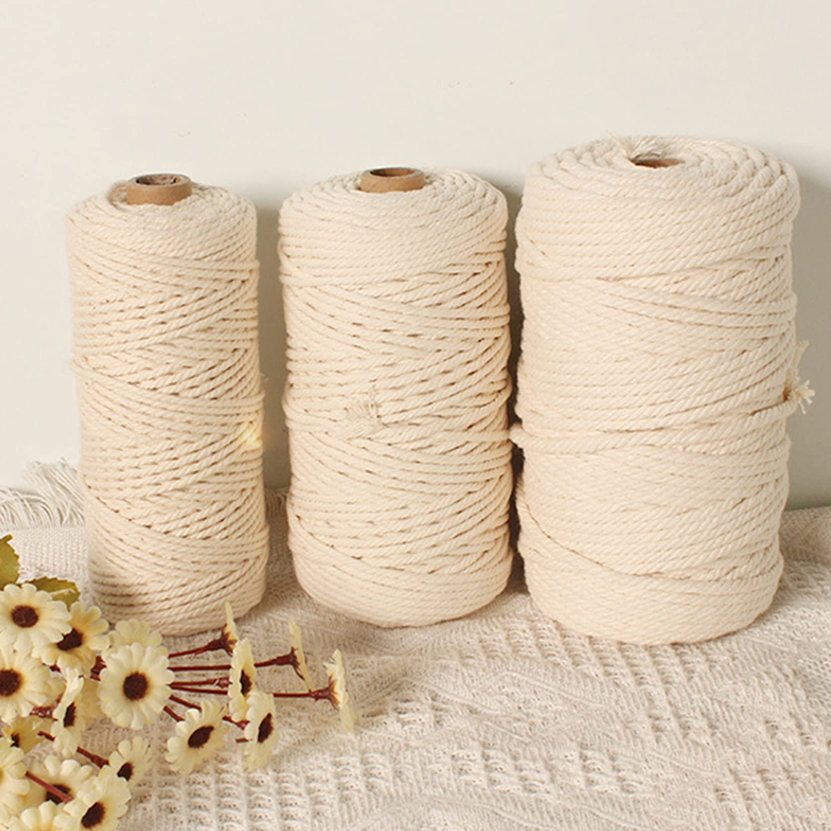 ZNKZJ Cordón de macramé de algodón 2 Piezas,Cuerda de macramé Cordón de algodón Trenzado Fuerte Suave 200m / 500m / 1000m,para Colgar en la Pared de macramé Hecho a Mano,Beige-5mm_500m